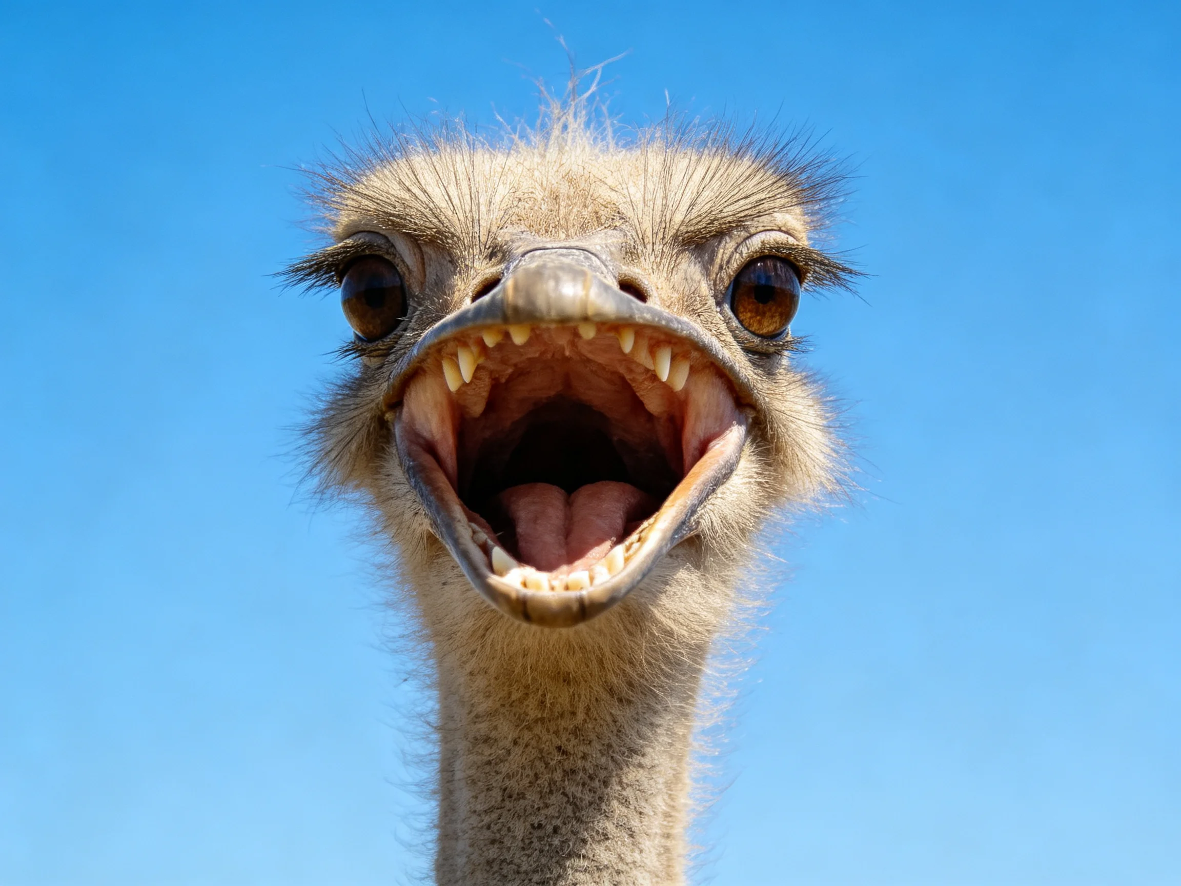 Ostrich head close - up with open beak against blue sky