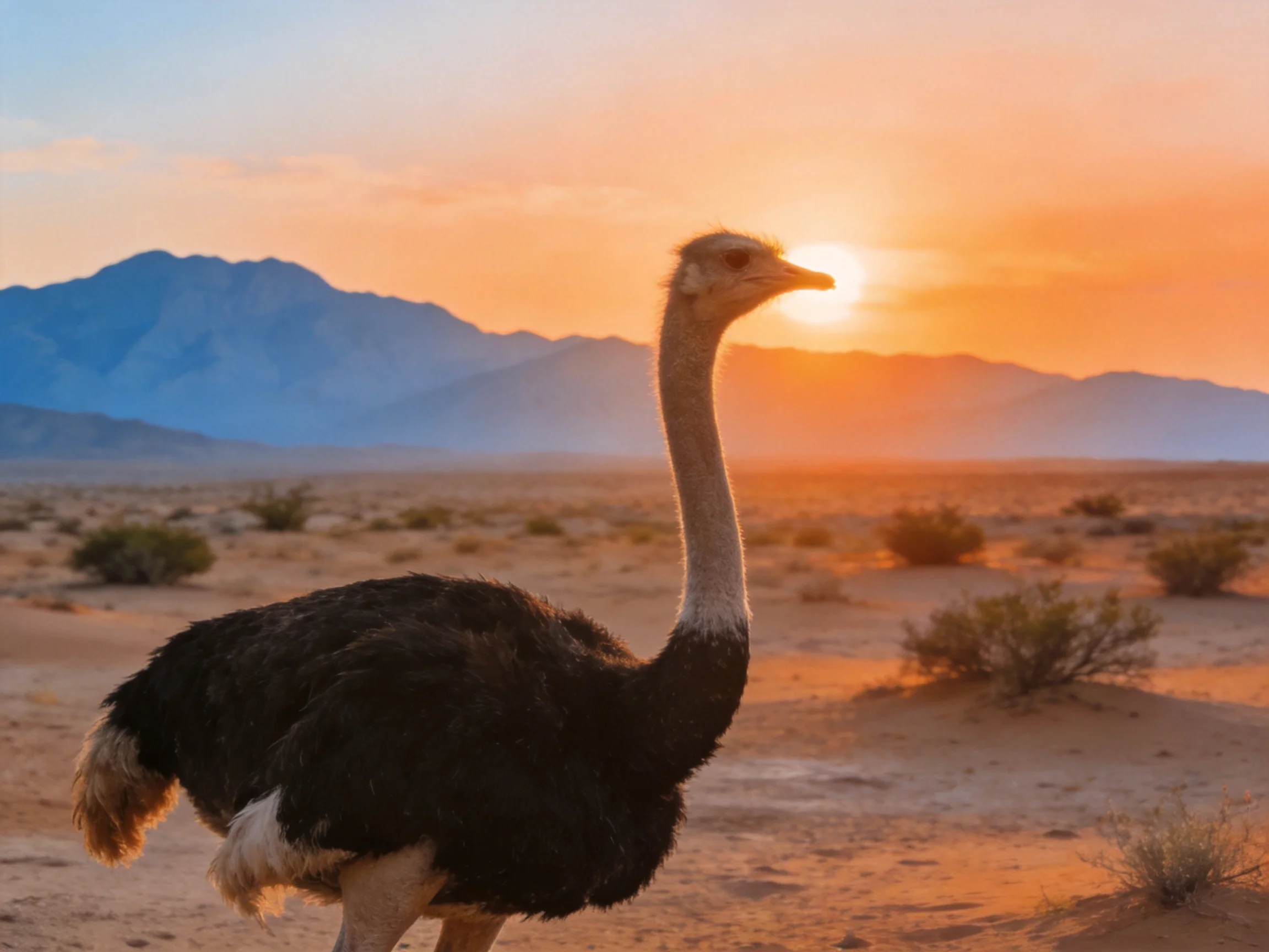 Ostrich in desert landscape with distant mountains at sunset