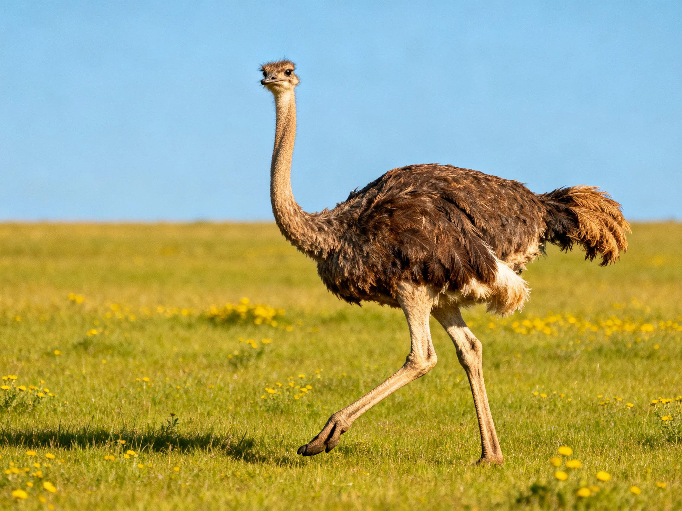 Ostrich striding through a flower-dotted green meadow under bright blue sky