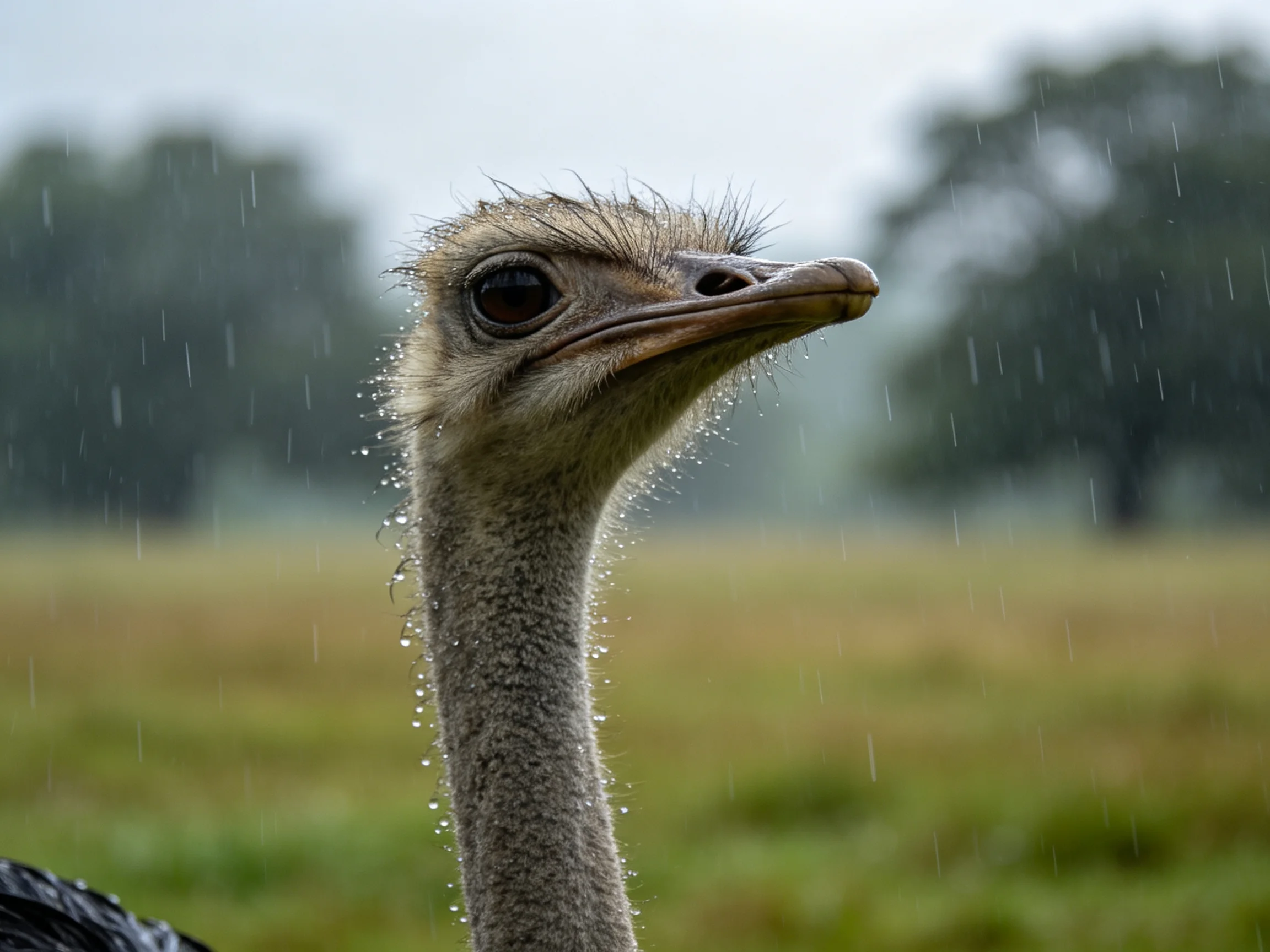Ostrich with water droplets in rainy open landscape