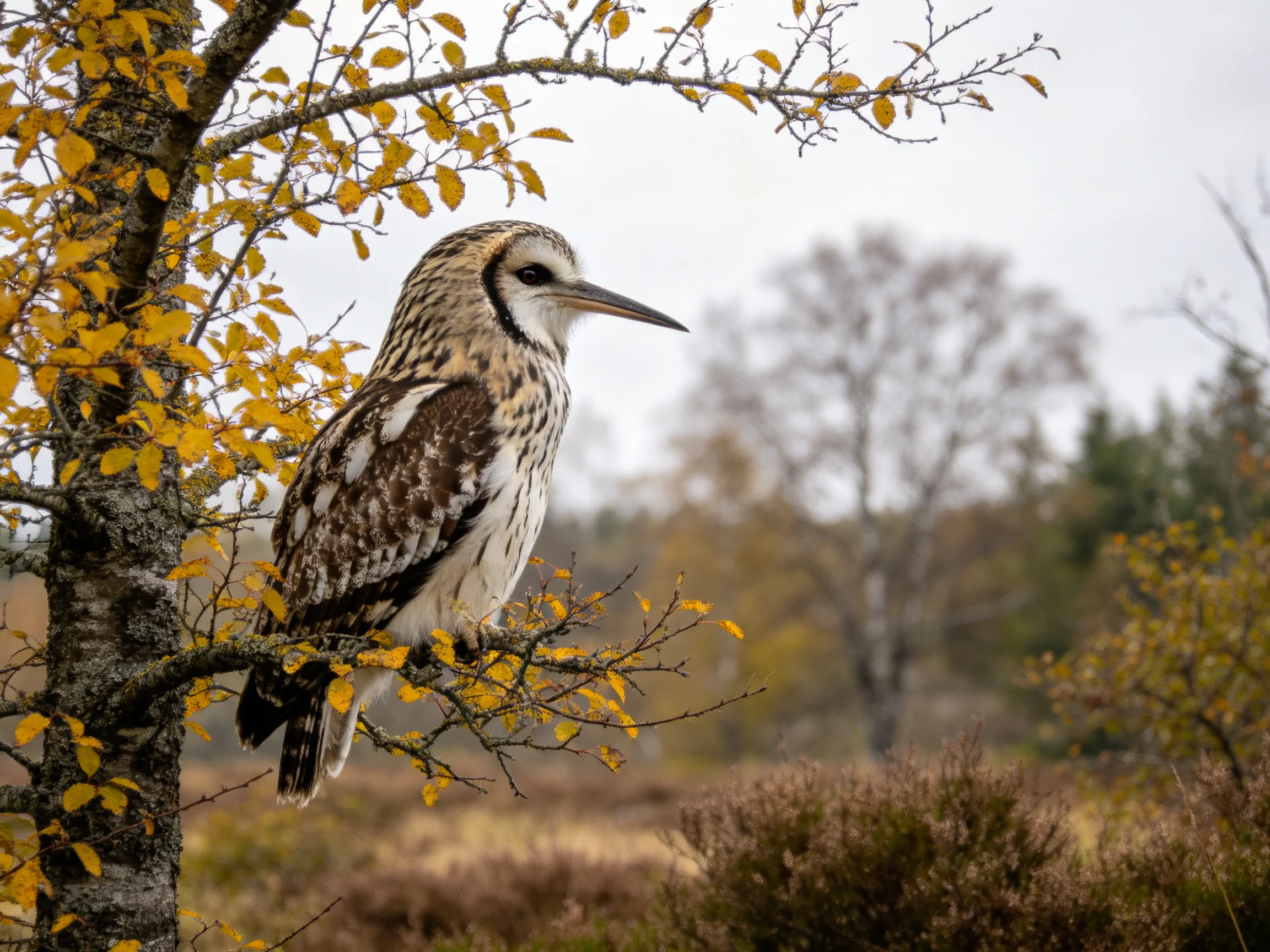 Patterned bird perched on golden-leaved tree in autumn landscape