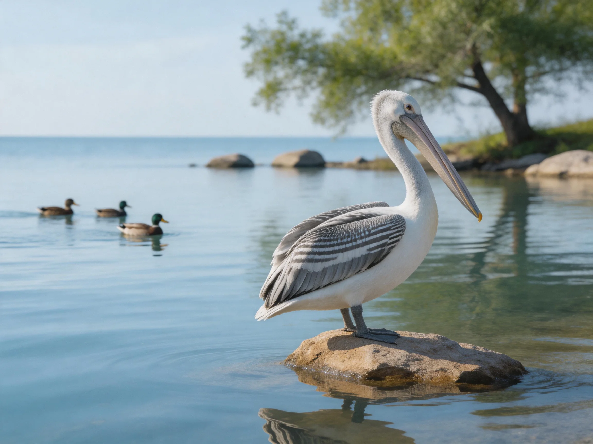 Pelican perched on rock by calm water with ducks swimming