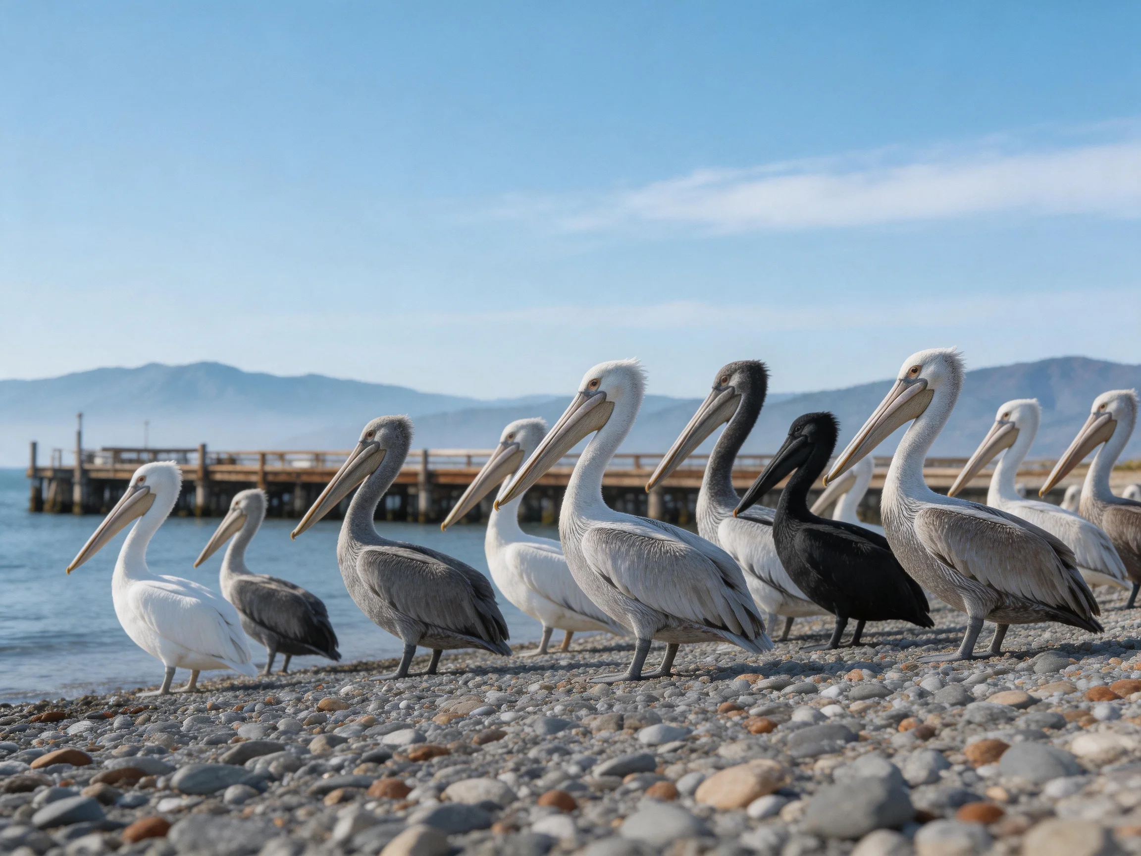 Pelicans in varied colors gather on a pebbly shoreline by the water