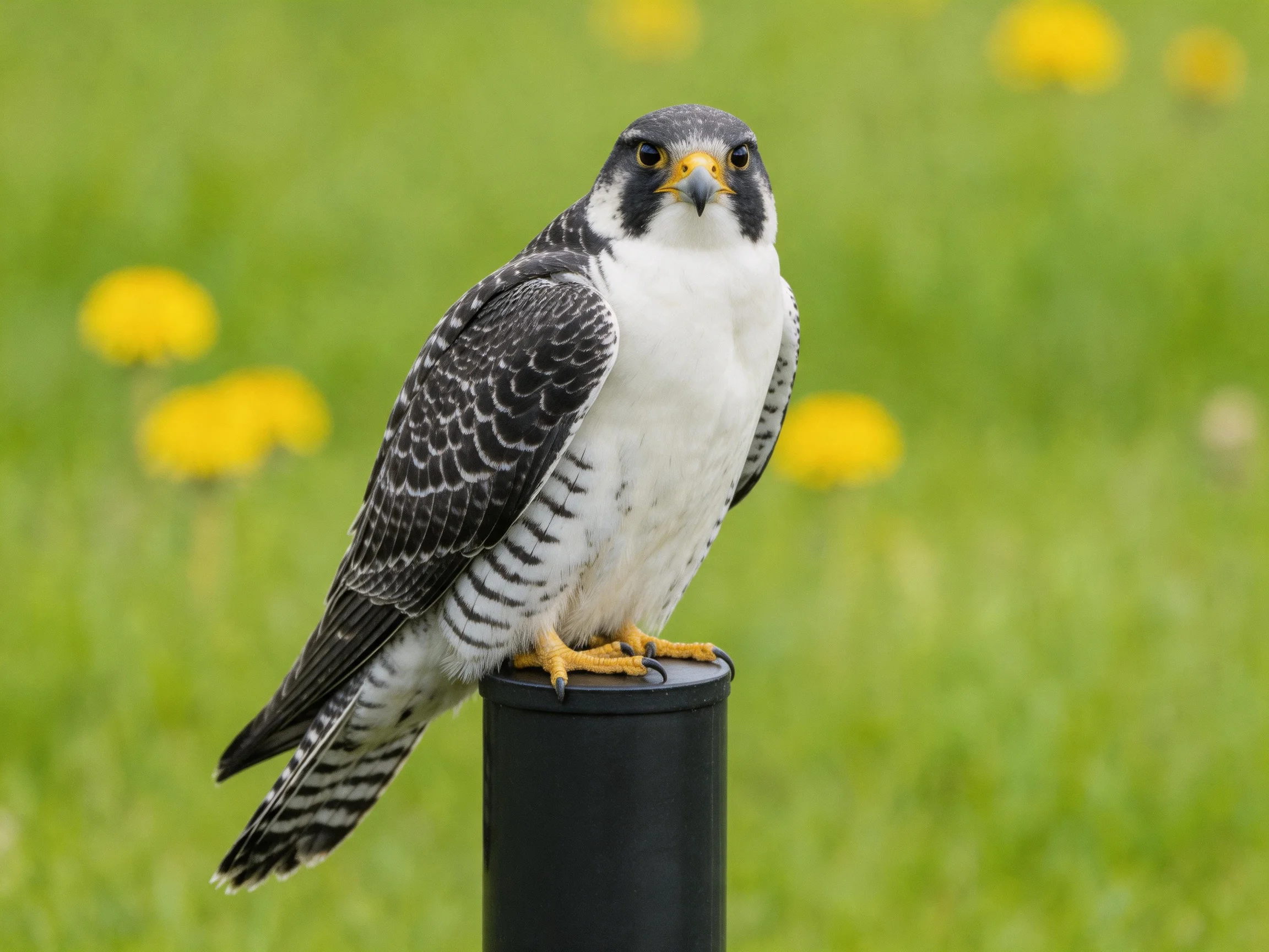 Peregrine falcon perched on black post in green meadow