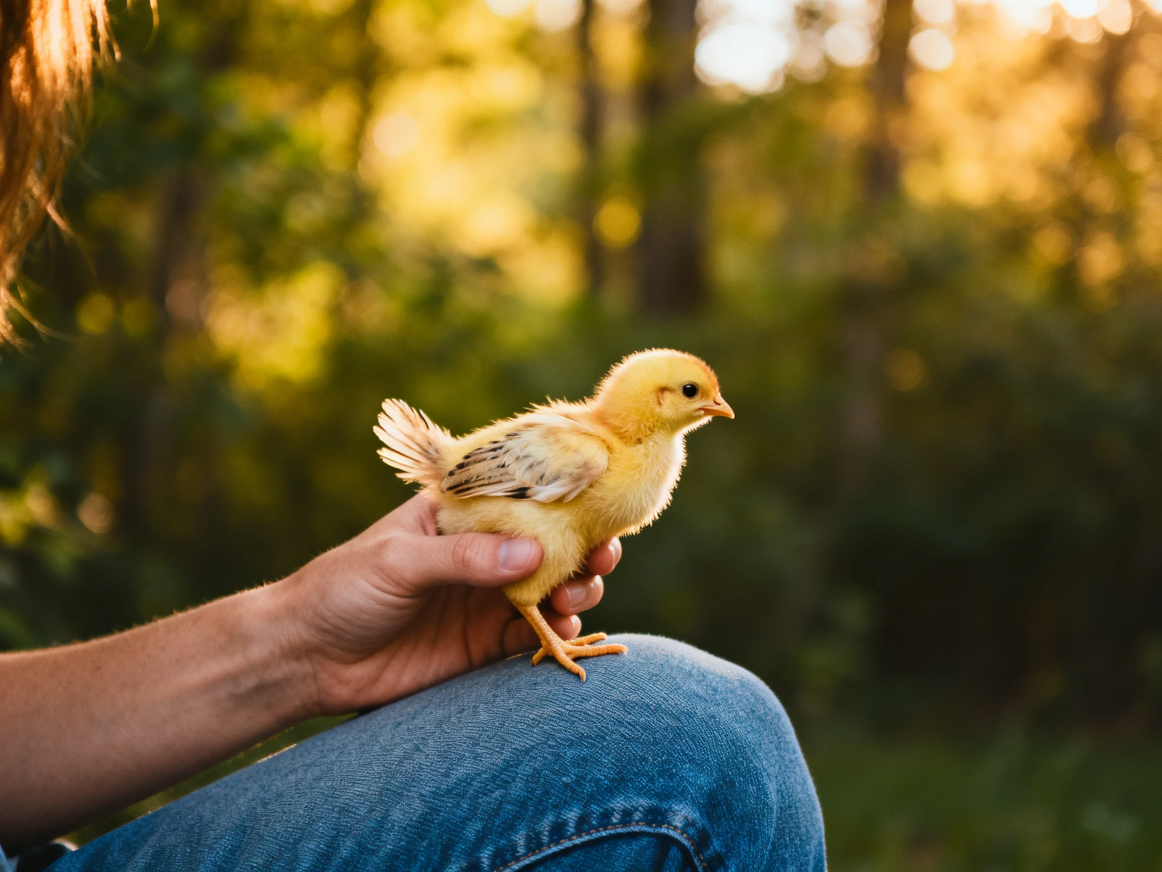 Person’s hand cradles a tiny yellow chick against a sunlit forest backdrop.