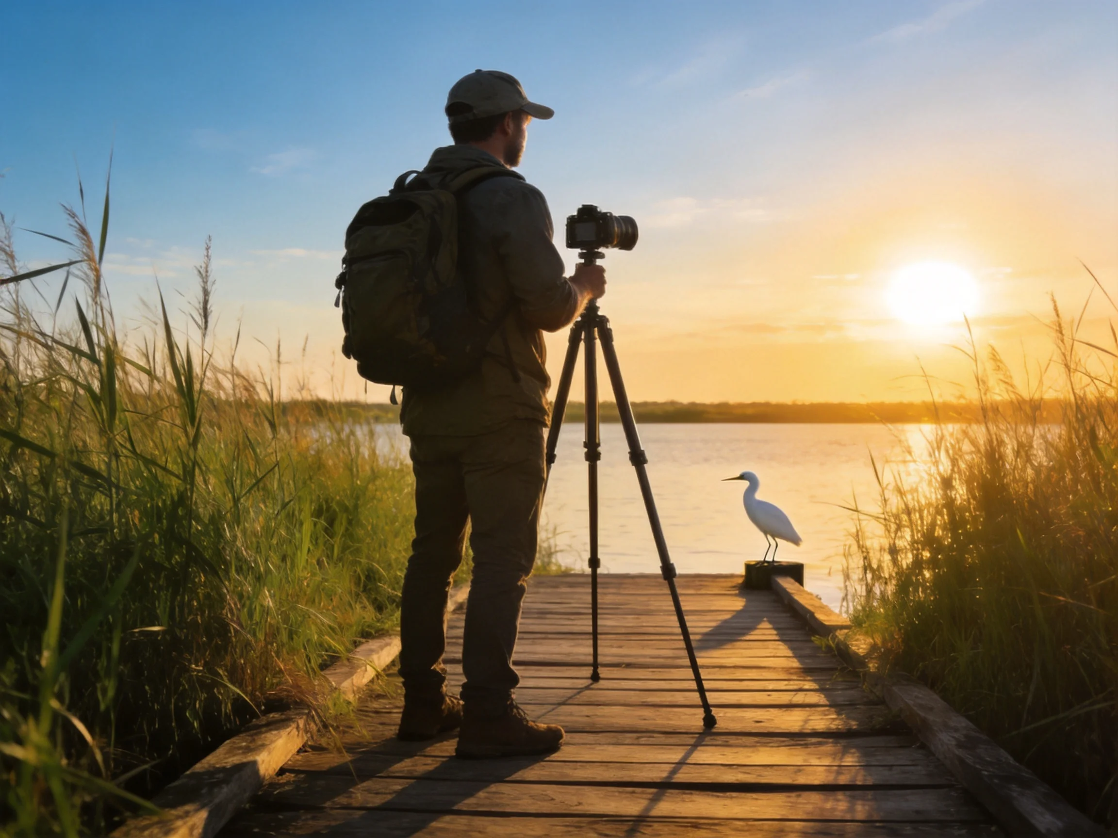 Photographer photographing wildlife on wooden dock at sunset