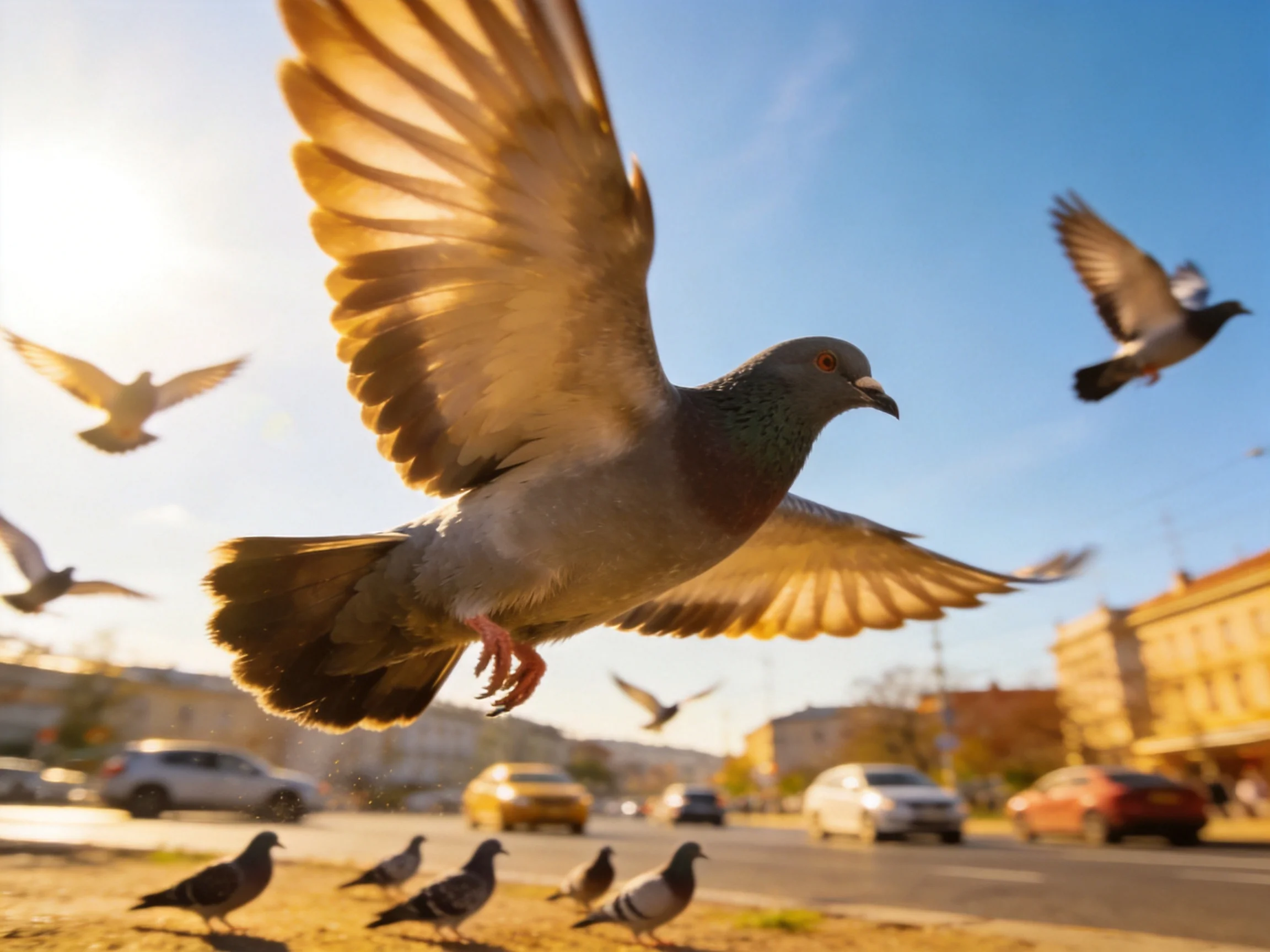 Pigeons Flying and Perched Near Busy Urban Street