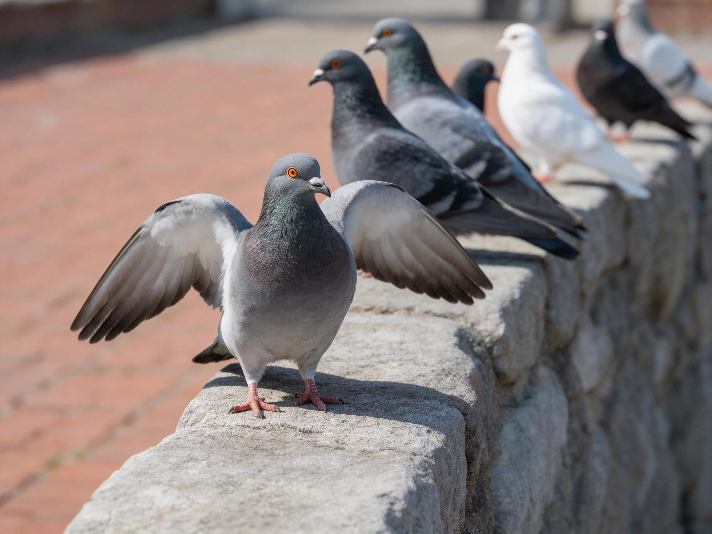 Pigeons of various colors gather on a stone ledge near a brick path