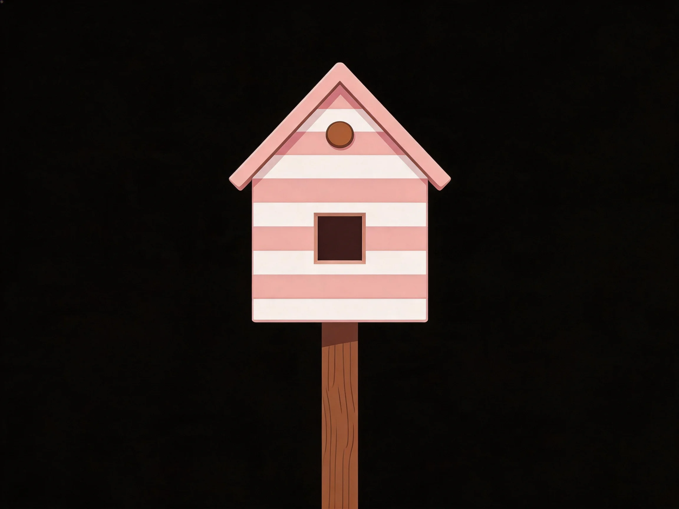 Pink and white striped birdhouse on wooden post