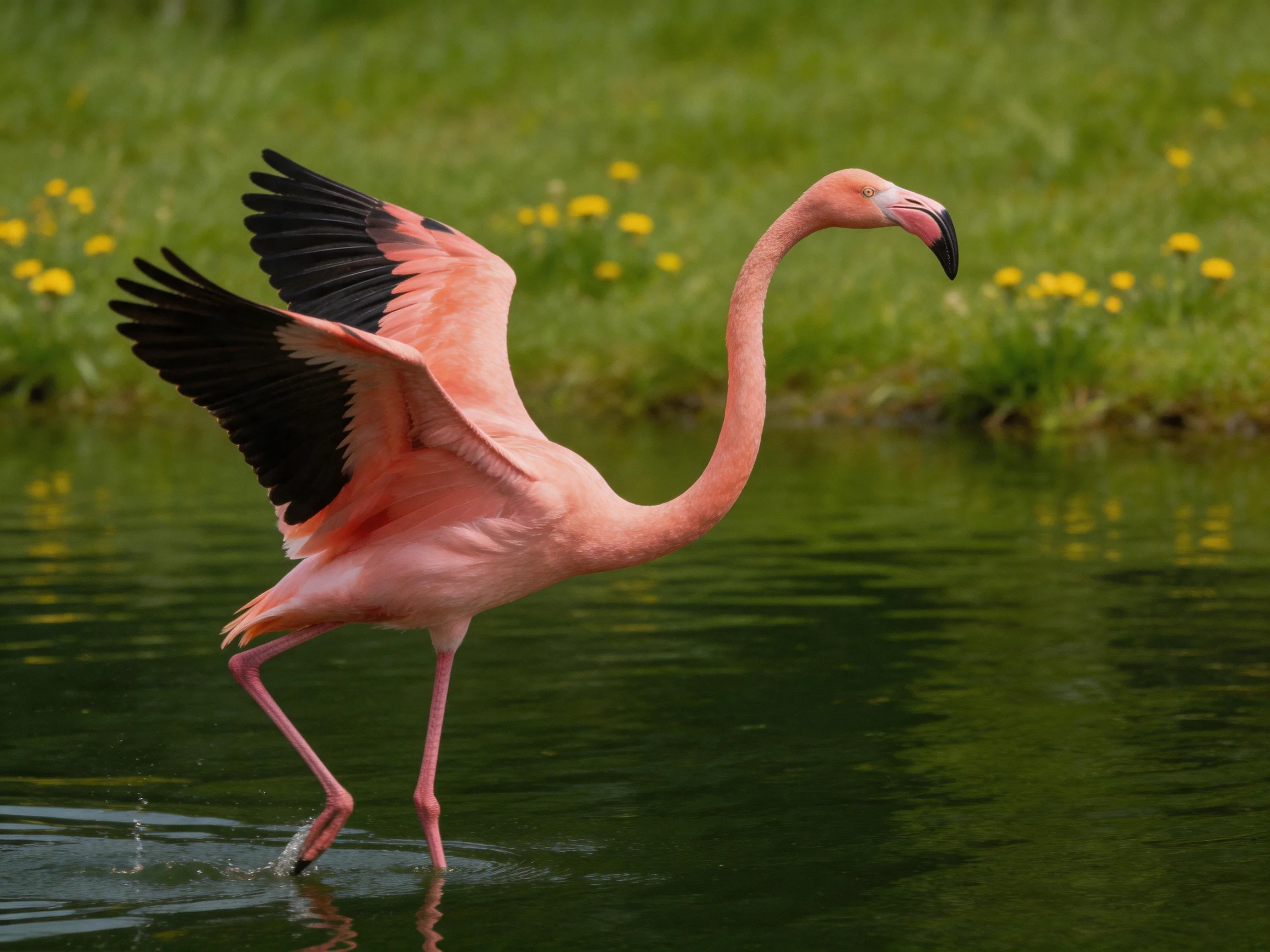 Pink flamingo spreading black wings near yellow-flowered grass