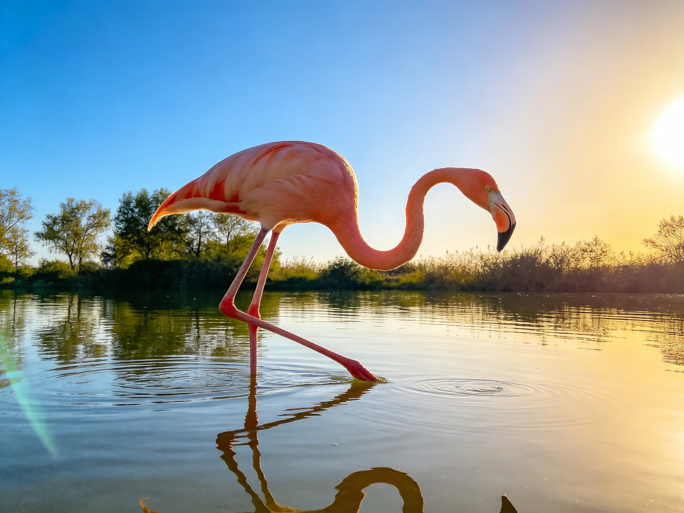 Pink flamingo wading in calm water at golden hour