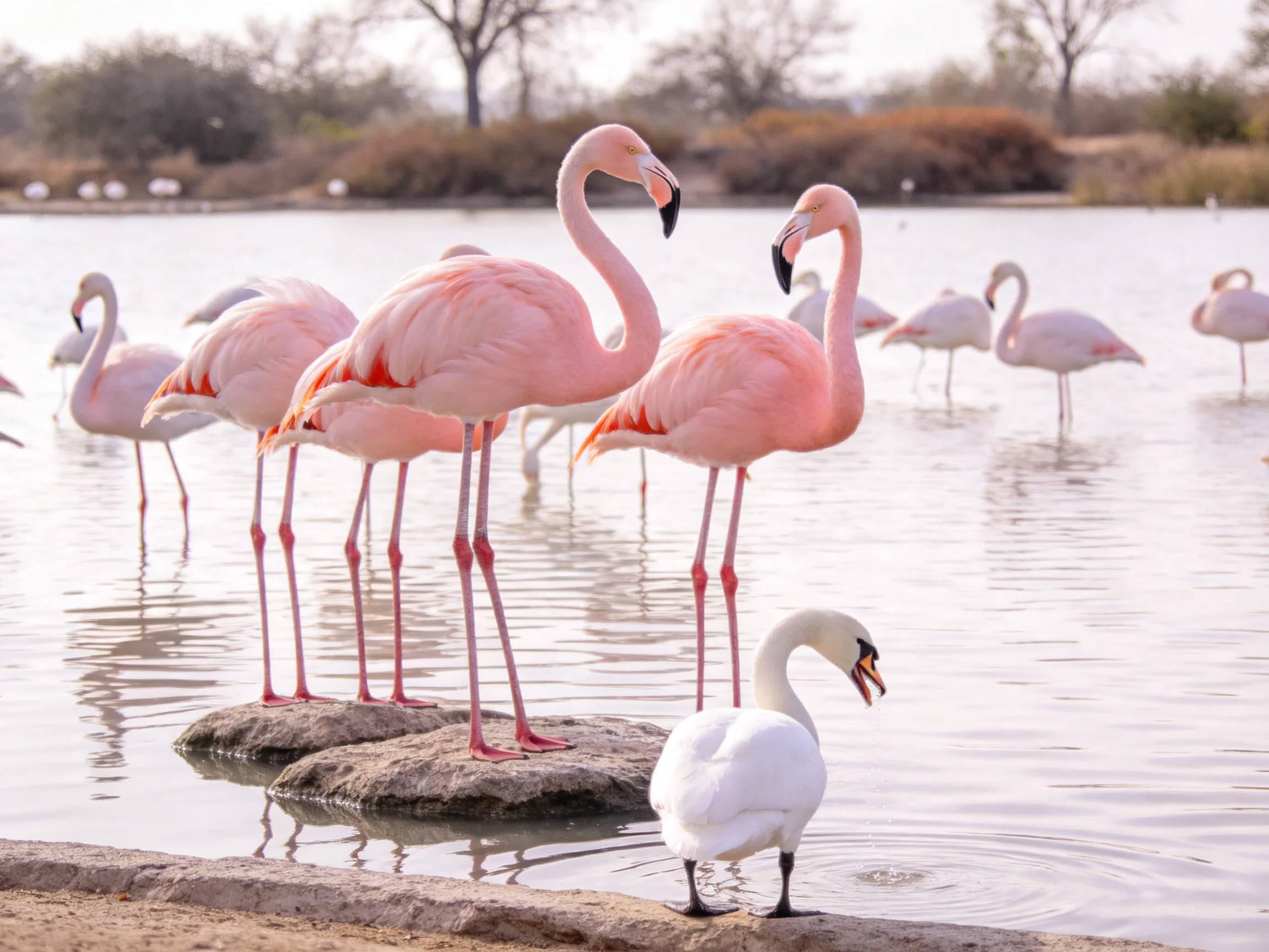 Pink flamingos and a swan gather by calm waters on rocky formations