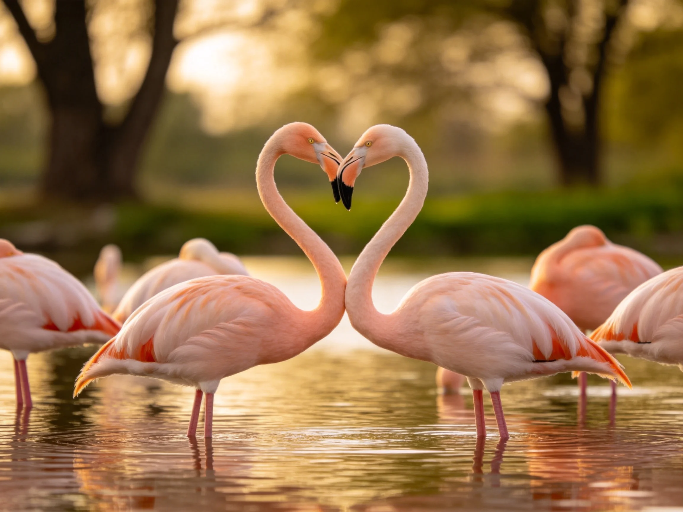 Pink flamingos form a heart shape in shallow water