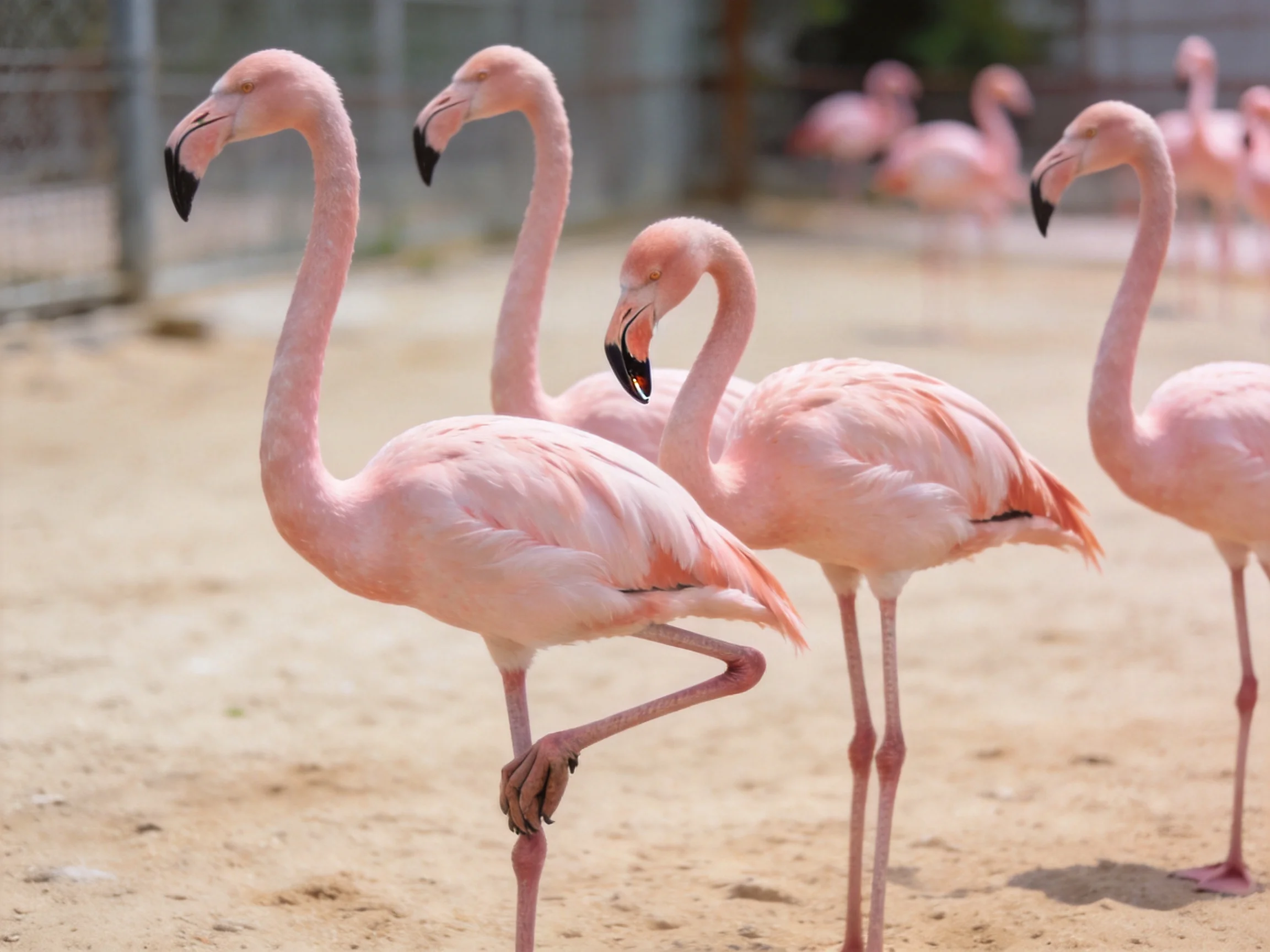 Pink flamingos gathered on sandy ground near a fenced enclosure