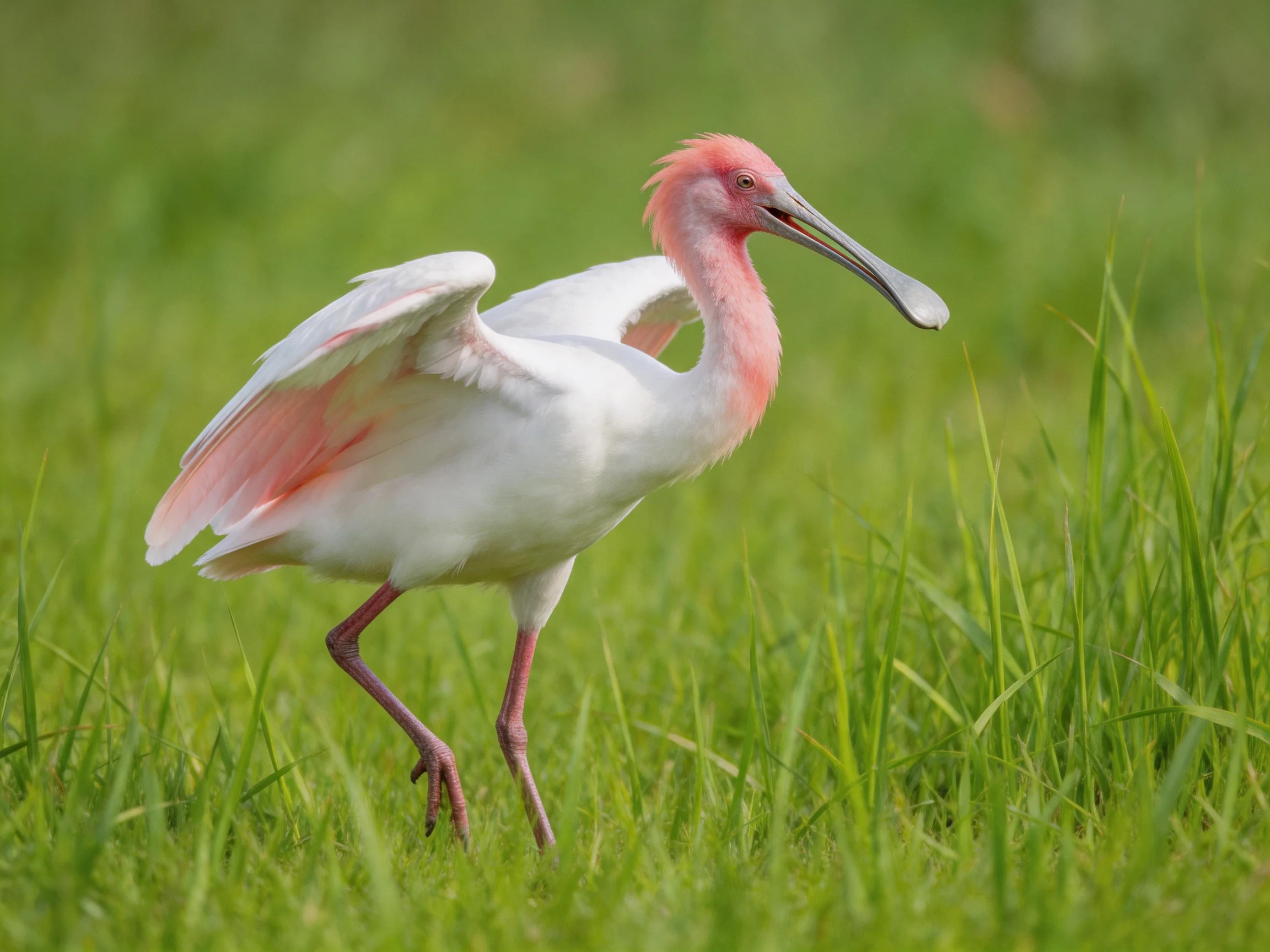 Pink-headed spoonbill wades through lush green marsh grass