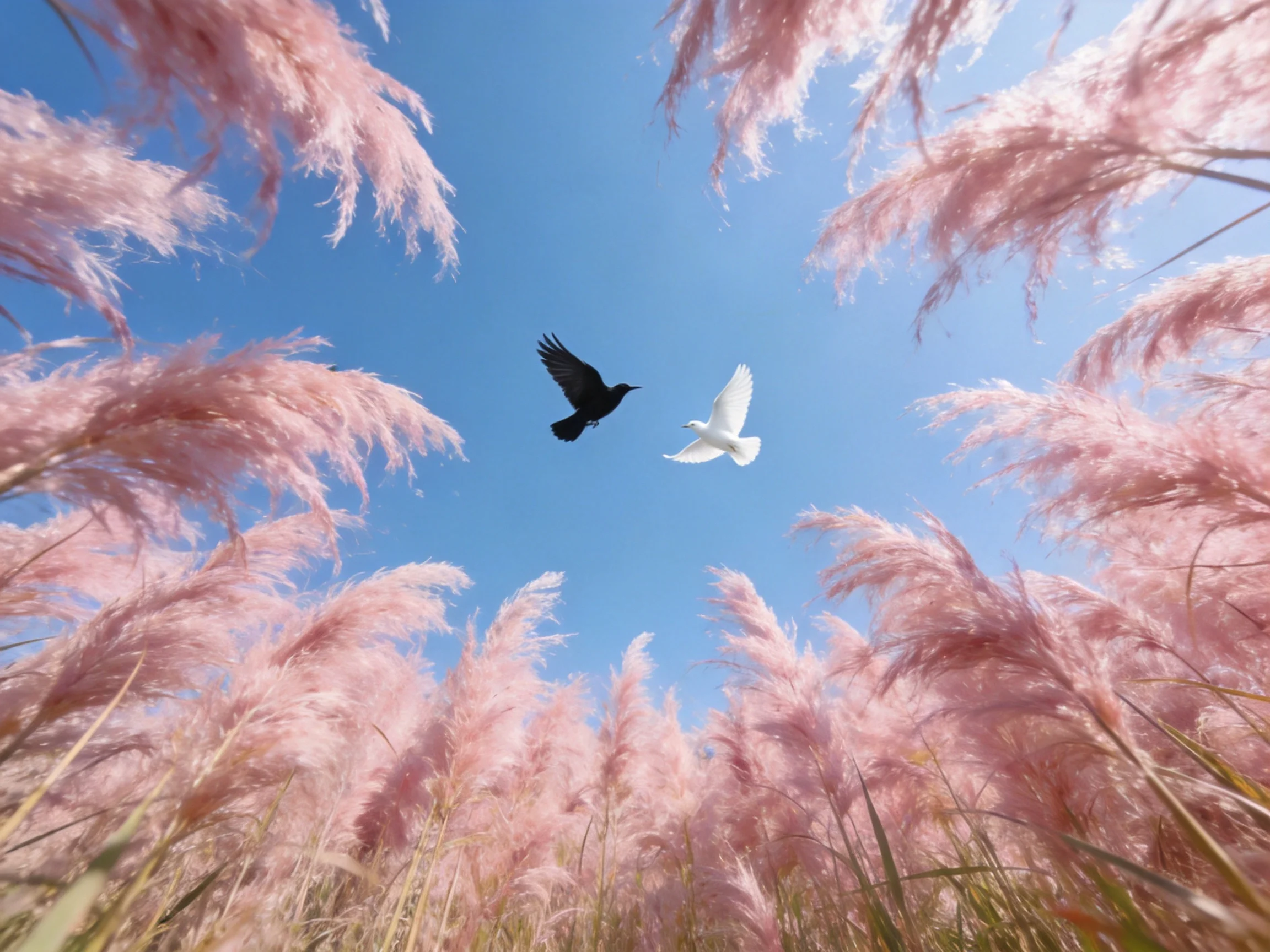 Pink reed fields with two birds soaring under clear blue sky