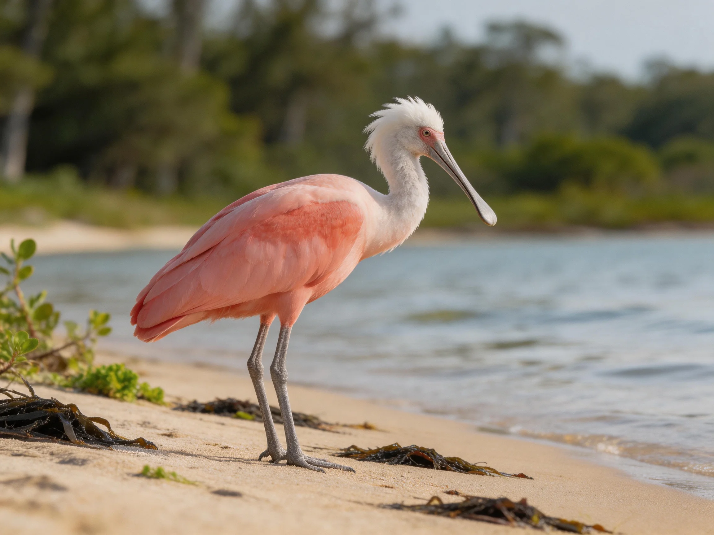 Pink spoonbill on sandy shore by calm water