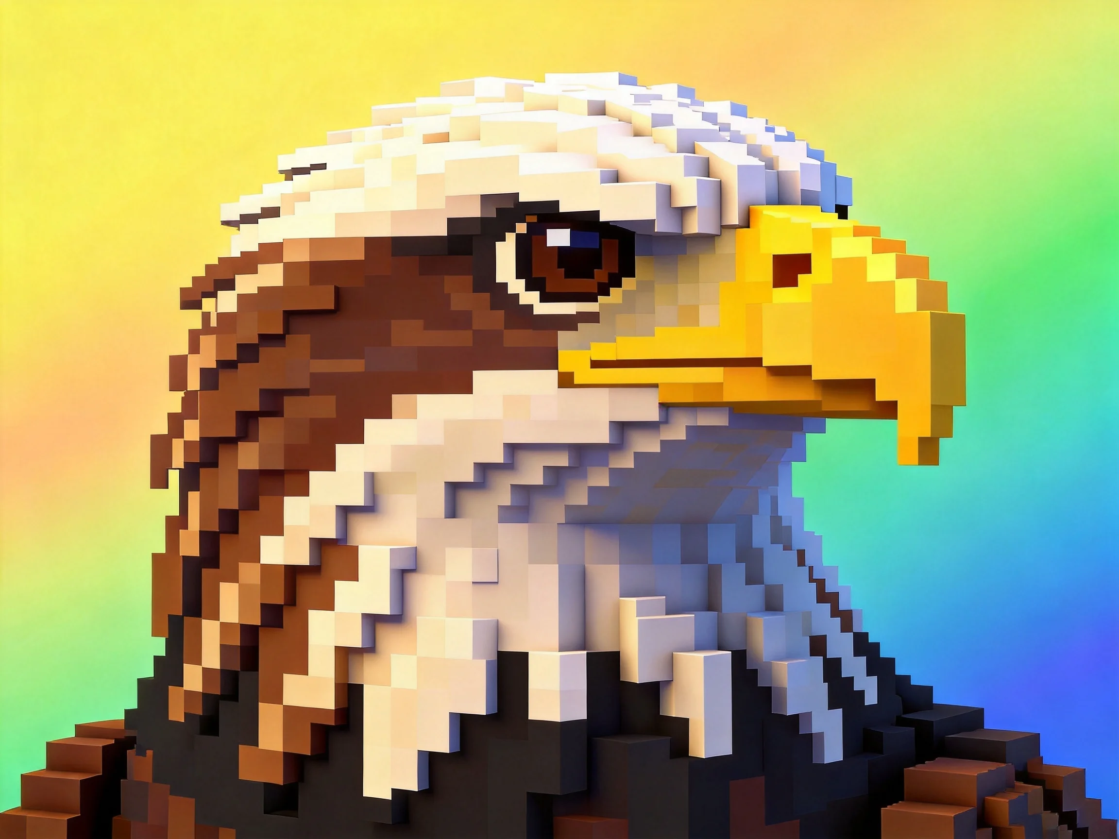 Pixel Art Bald Eagle with Brown, White, Yellow Features and Gradient Background