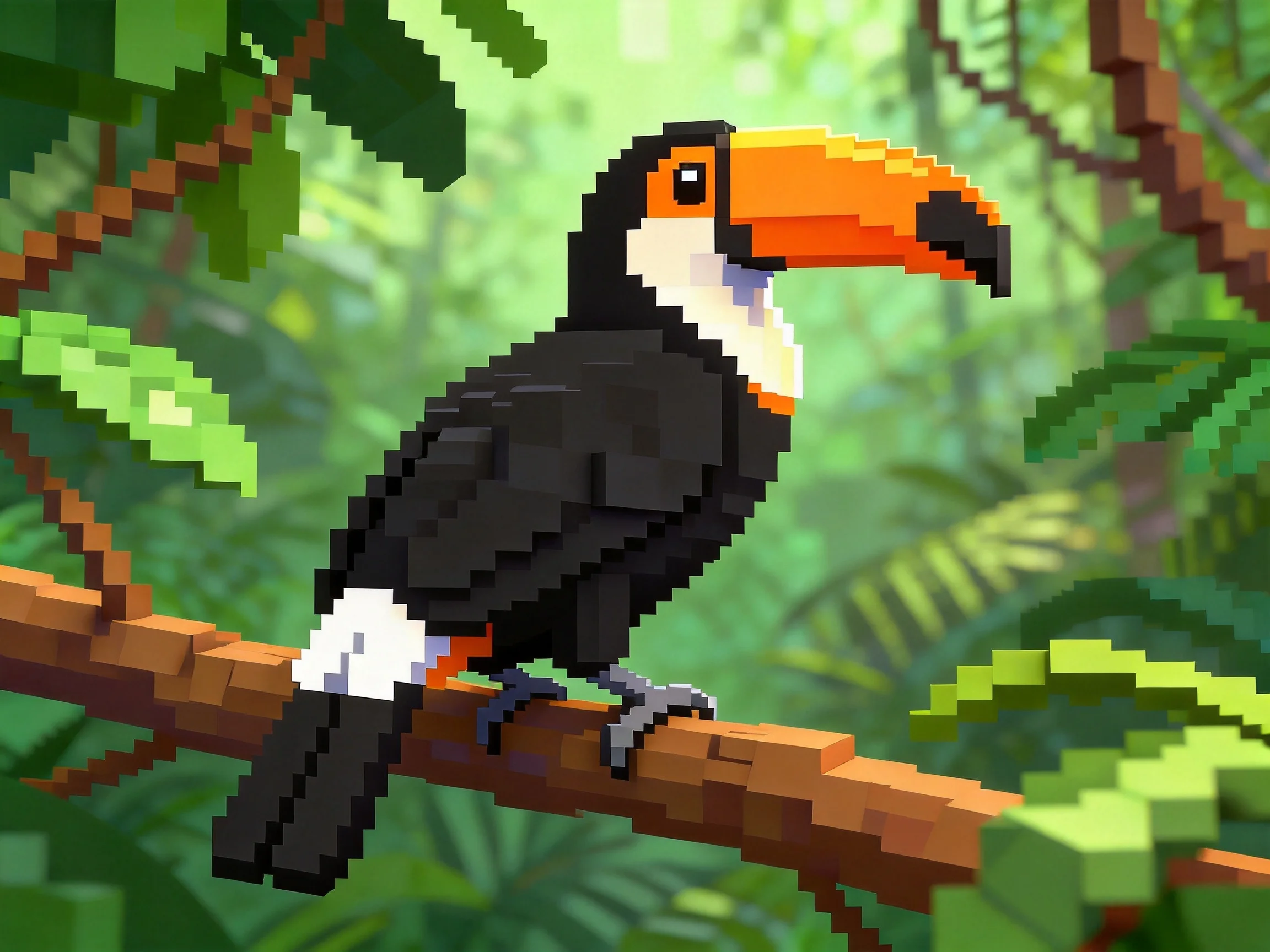 Pixel art toucan with large orange beak perched on brown branch in lush greenery