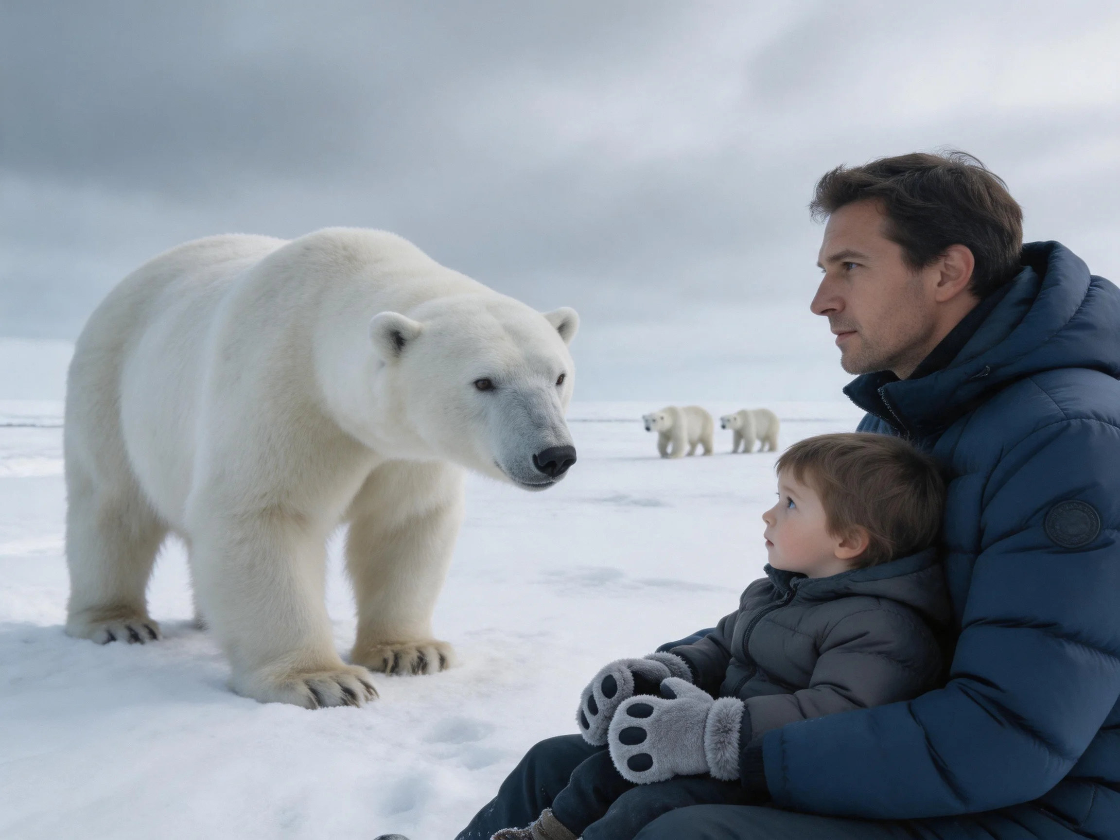 Polar bear approaches seated adults on snowy Arctic terrain