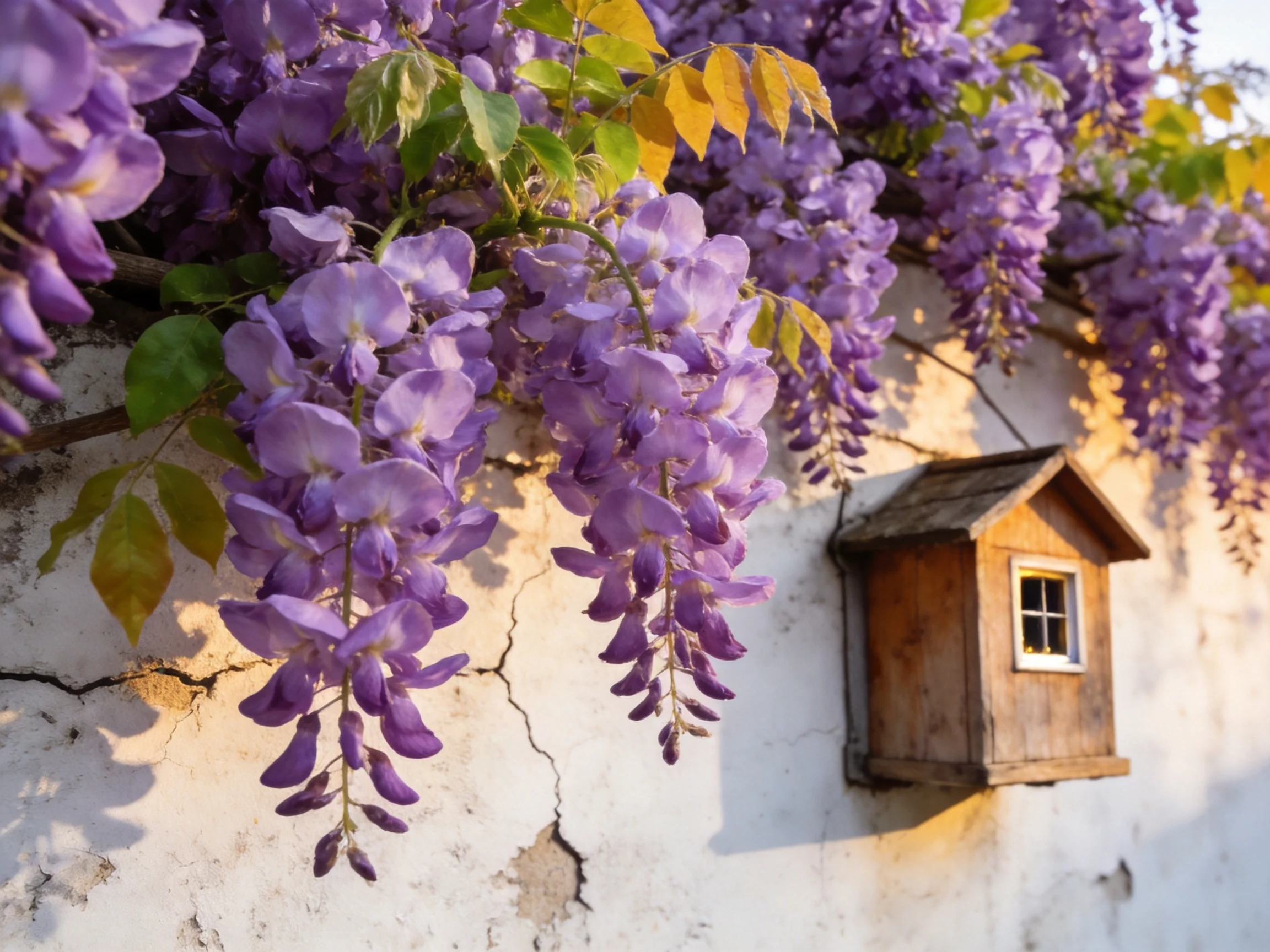 Purple wisteria cascades over a cracked white wall with a wooden birdhouse