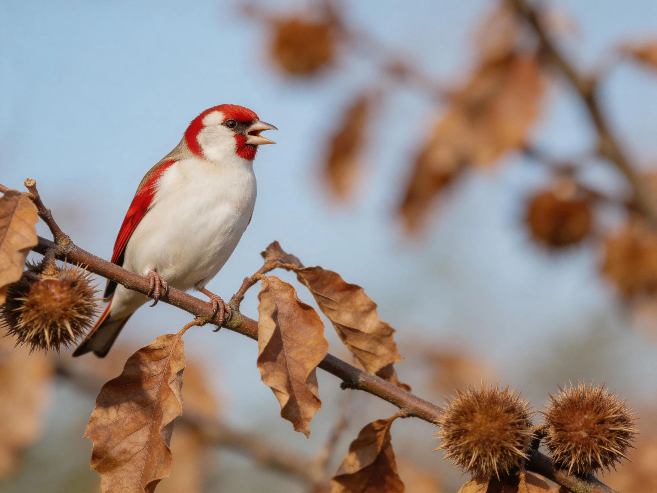 Red-and-white bird perched on branch with brown leaves and spiky seed pods