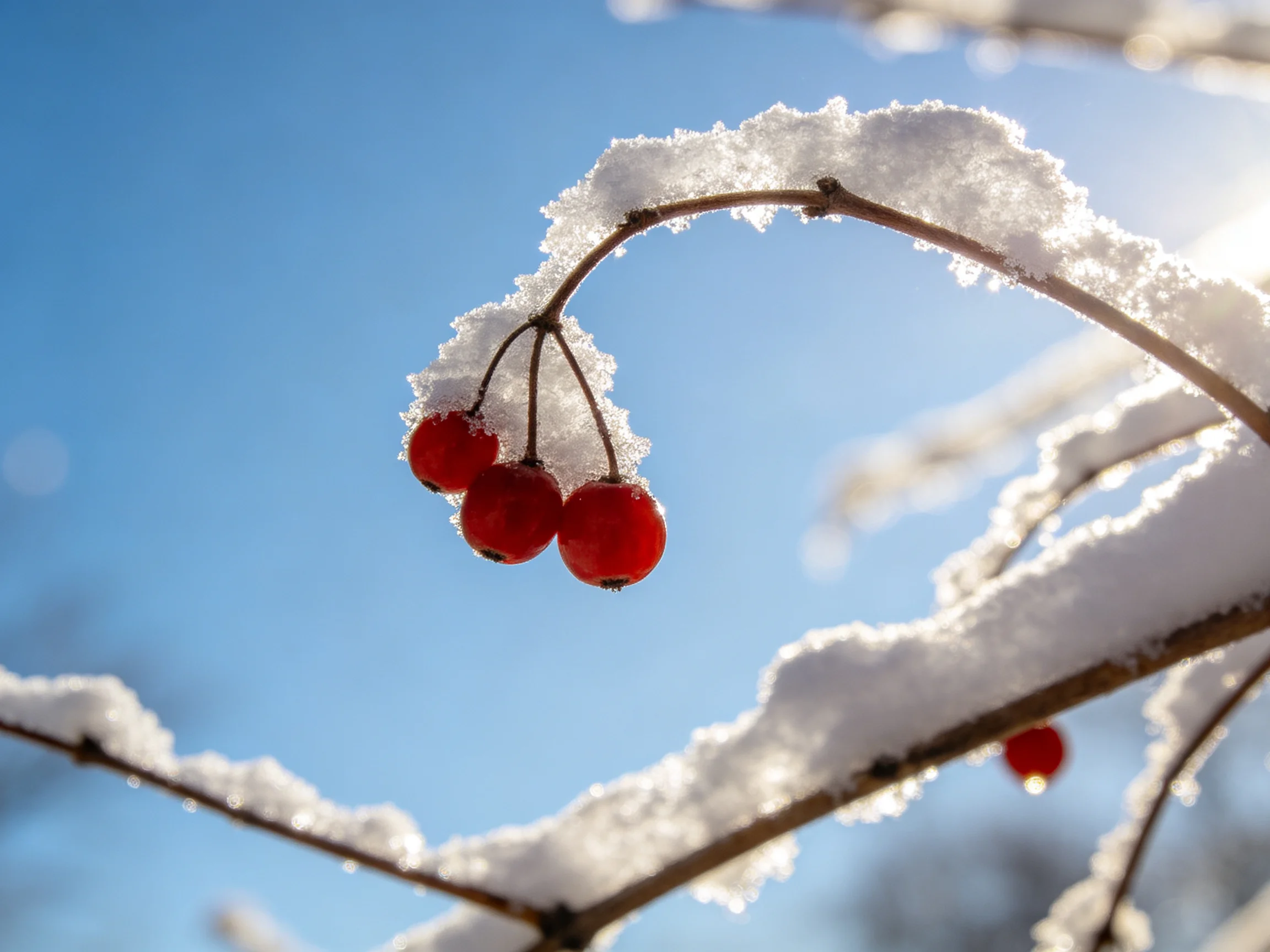 Red berries hang from snow-covered branches under bright blue sky