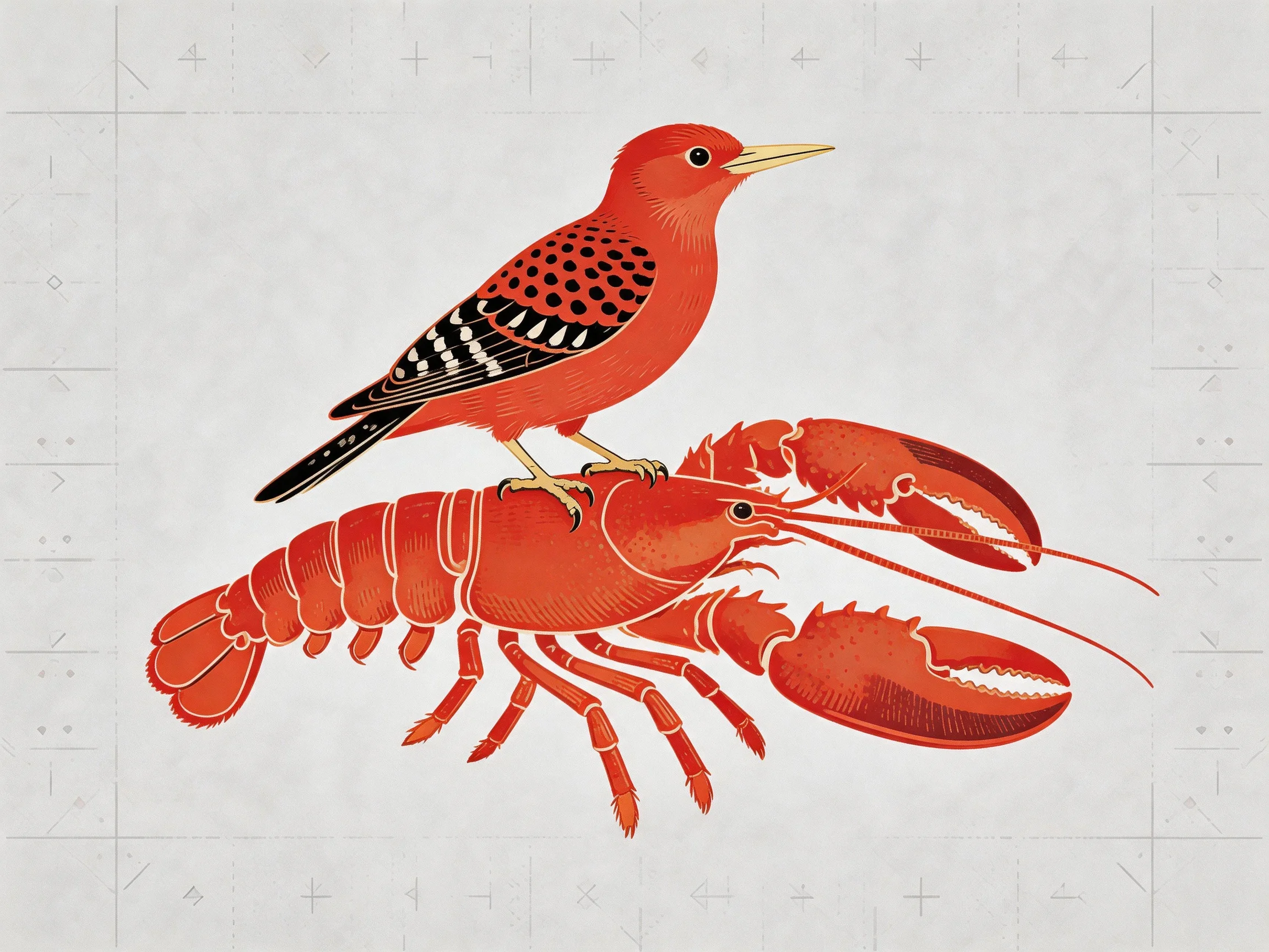Red bird perched on a large red crustacean illustration