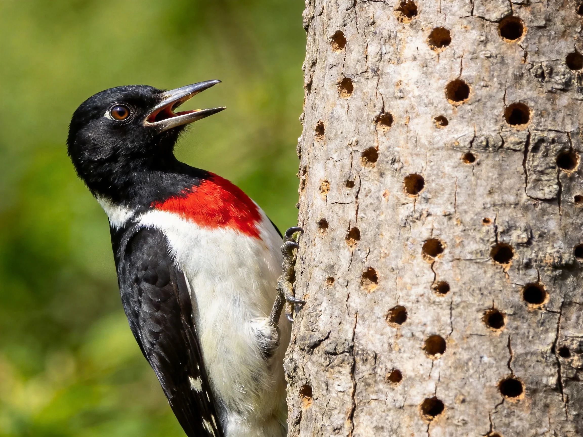 Red-breasted woodpecker pecking tree trunk with multiple holes
