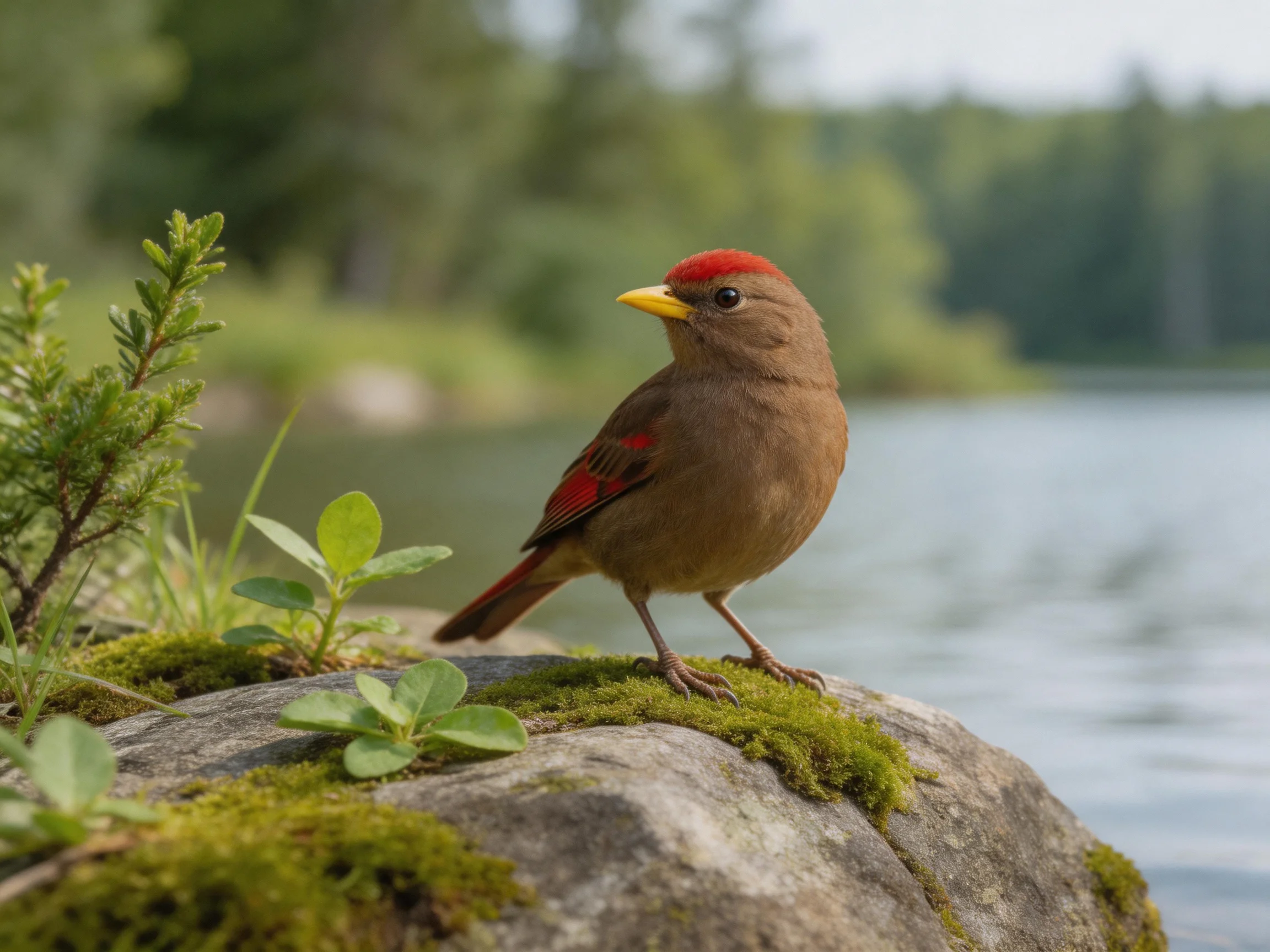 Red-capped brown bird perched on mossy rock by calm water