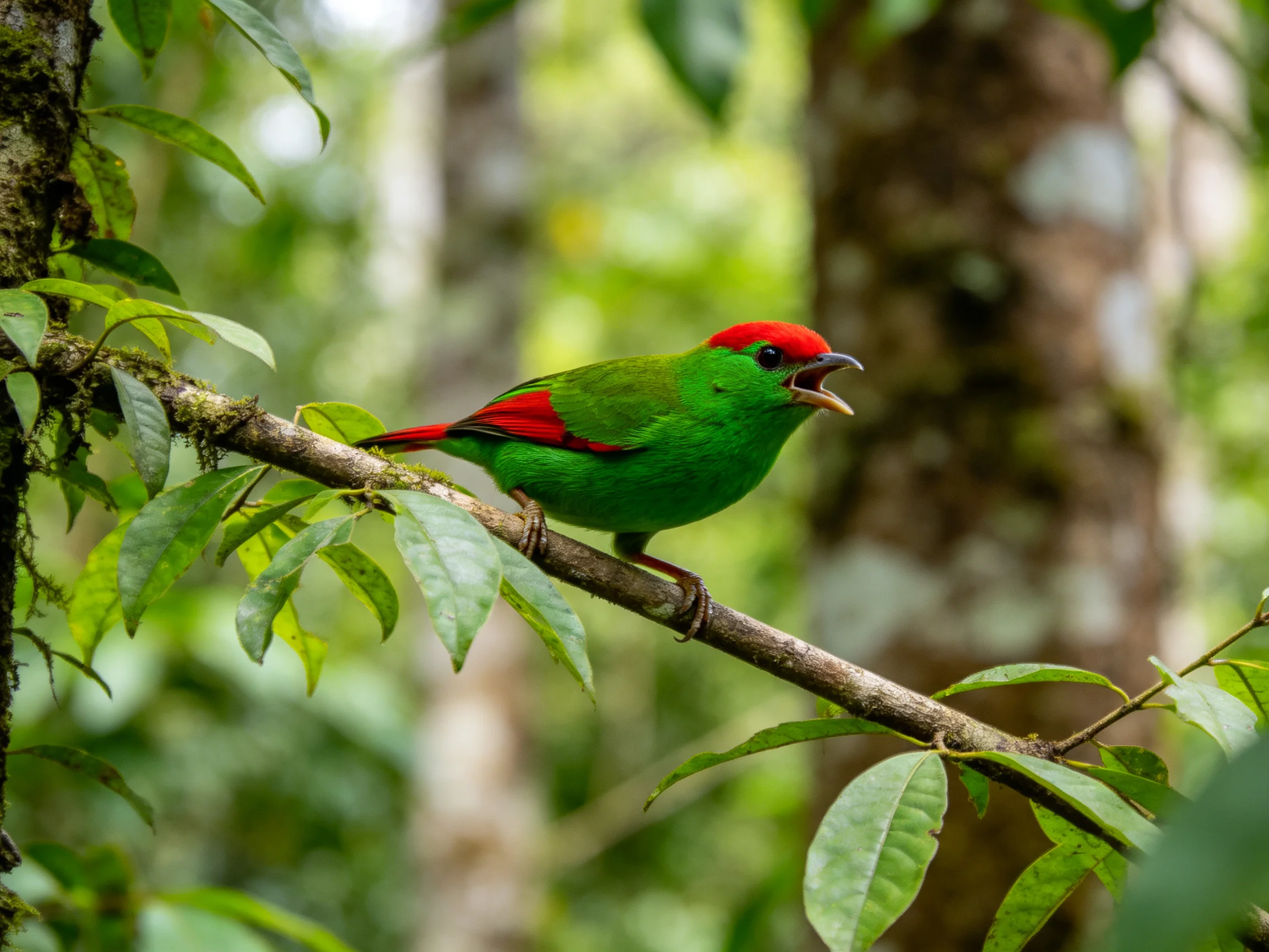 Red-capped green bird with red wings perched on a forest branch