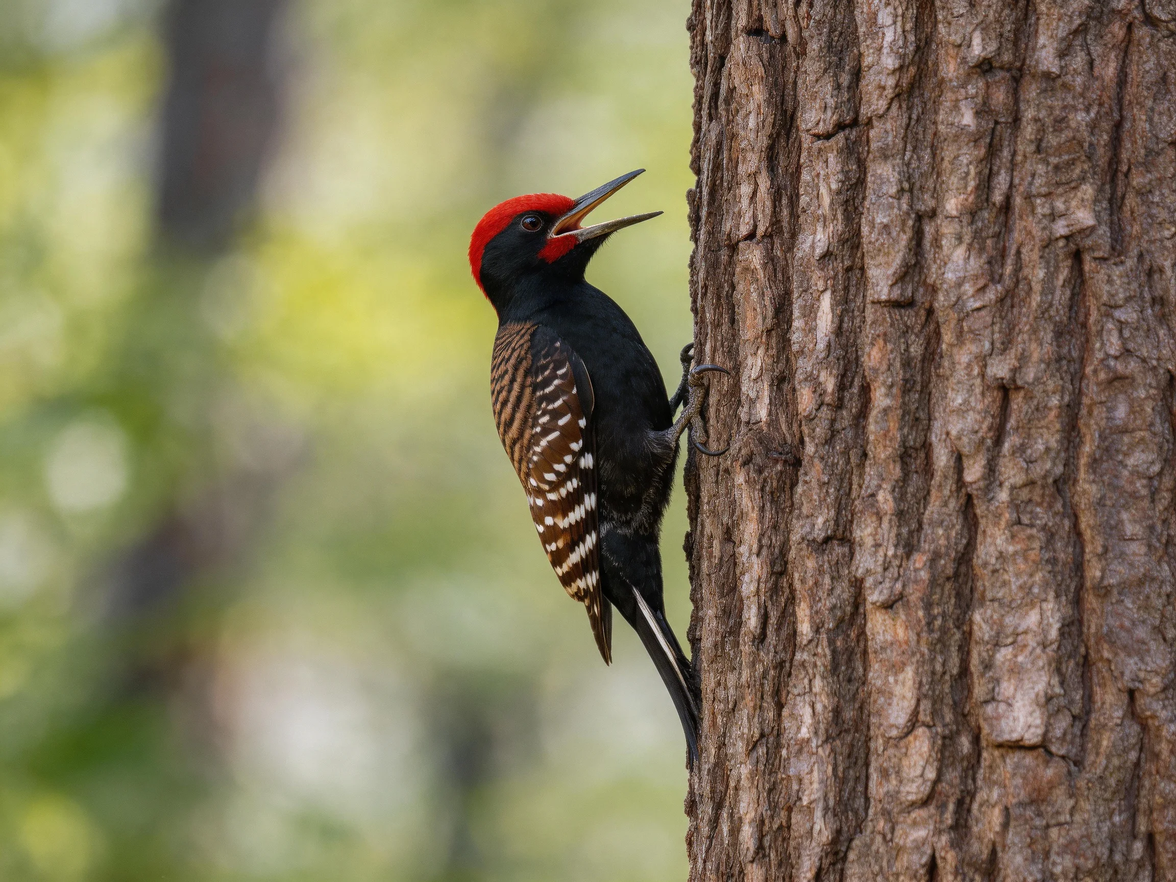 Red-capped woodpecker climbing rough tree trunk in forest