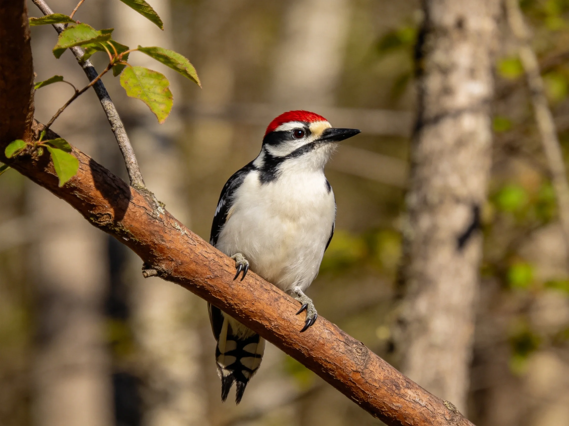 Red-capped woodpecker perched on a brown tree branch