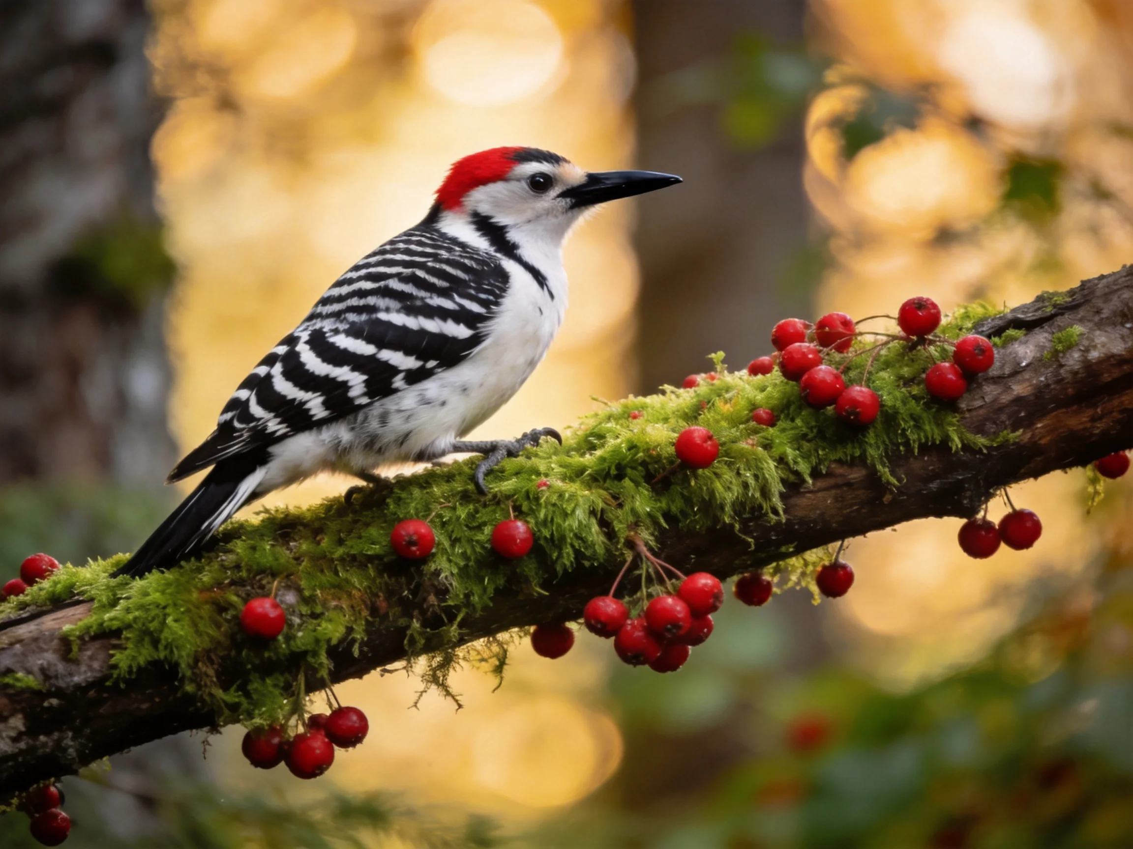 Red-capped woodpecker perches on mossy branch with red berries