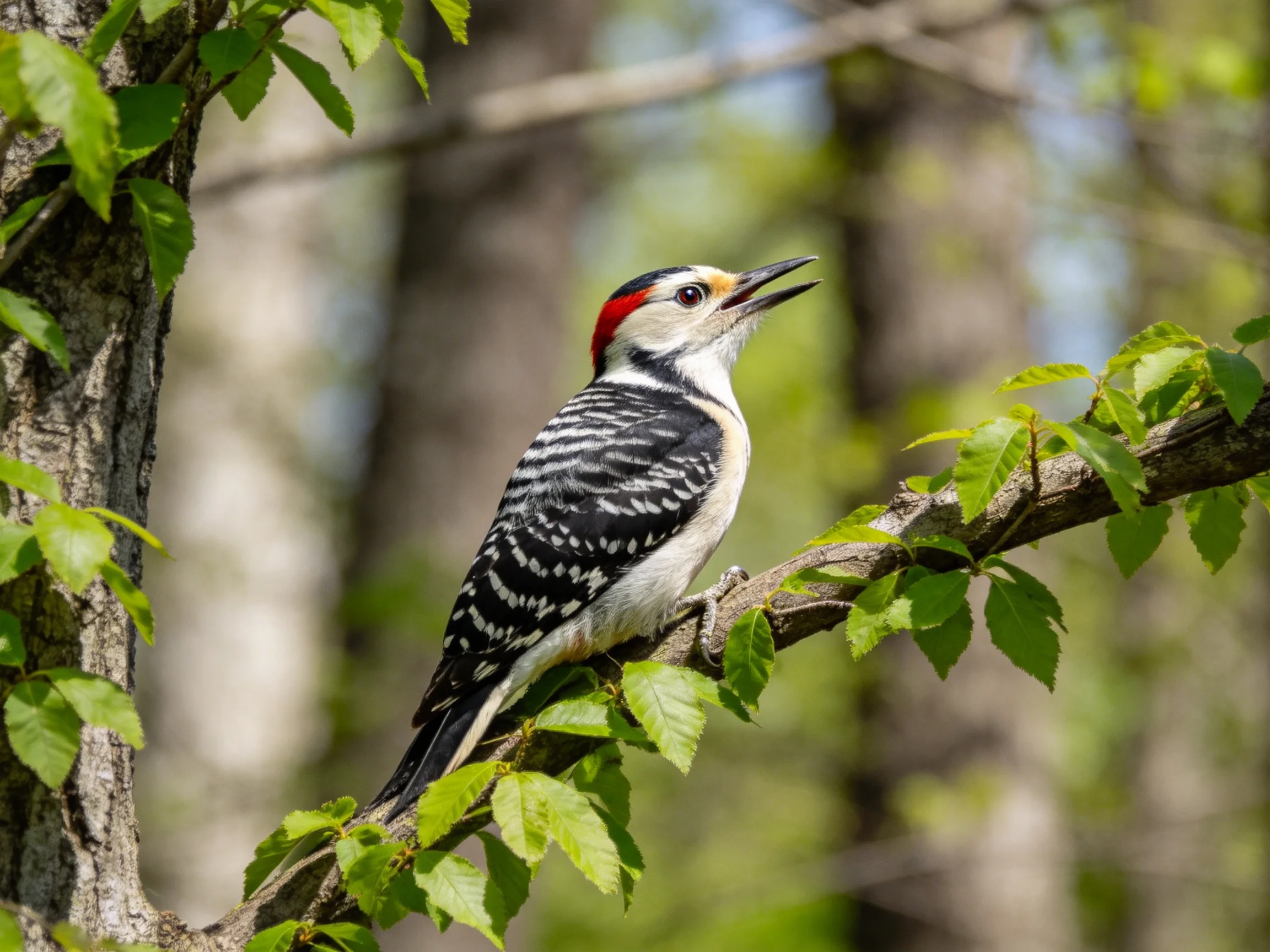 Red-capped woodpecker with black-and-white plumage on a leafy branch