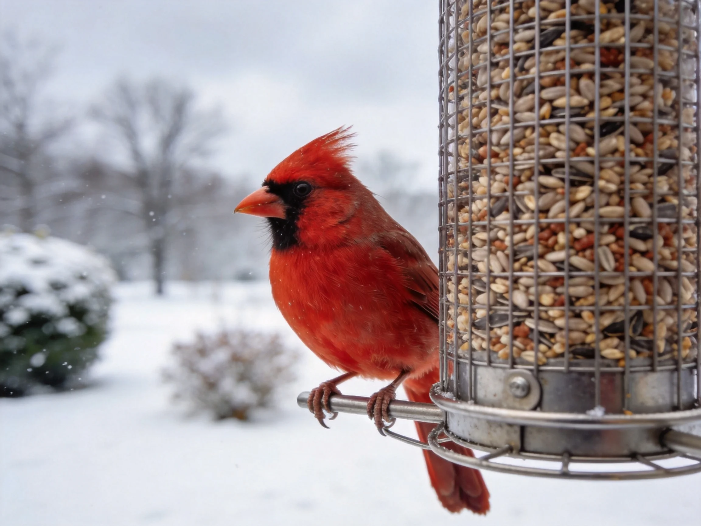 Red cardinal perches on seed-filled bird feeder in snowy winter landscape