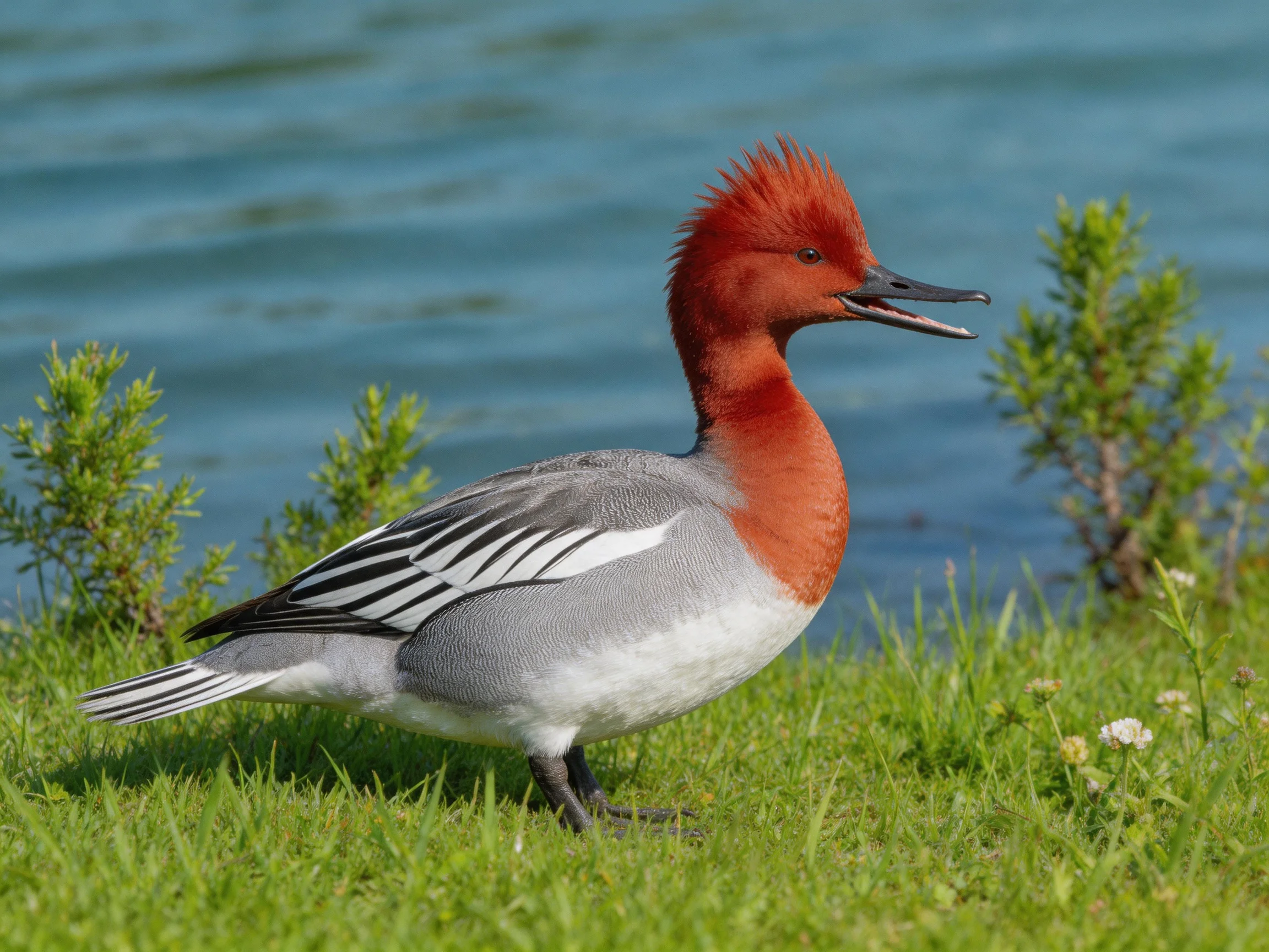 Red crested duck on grassy lakeside