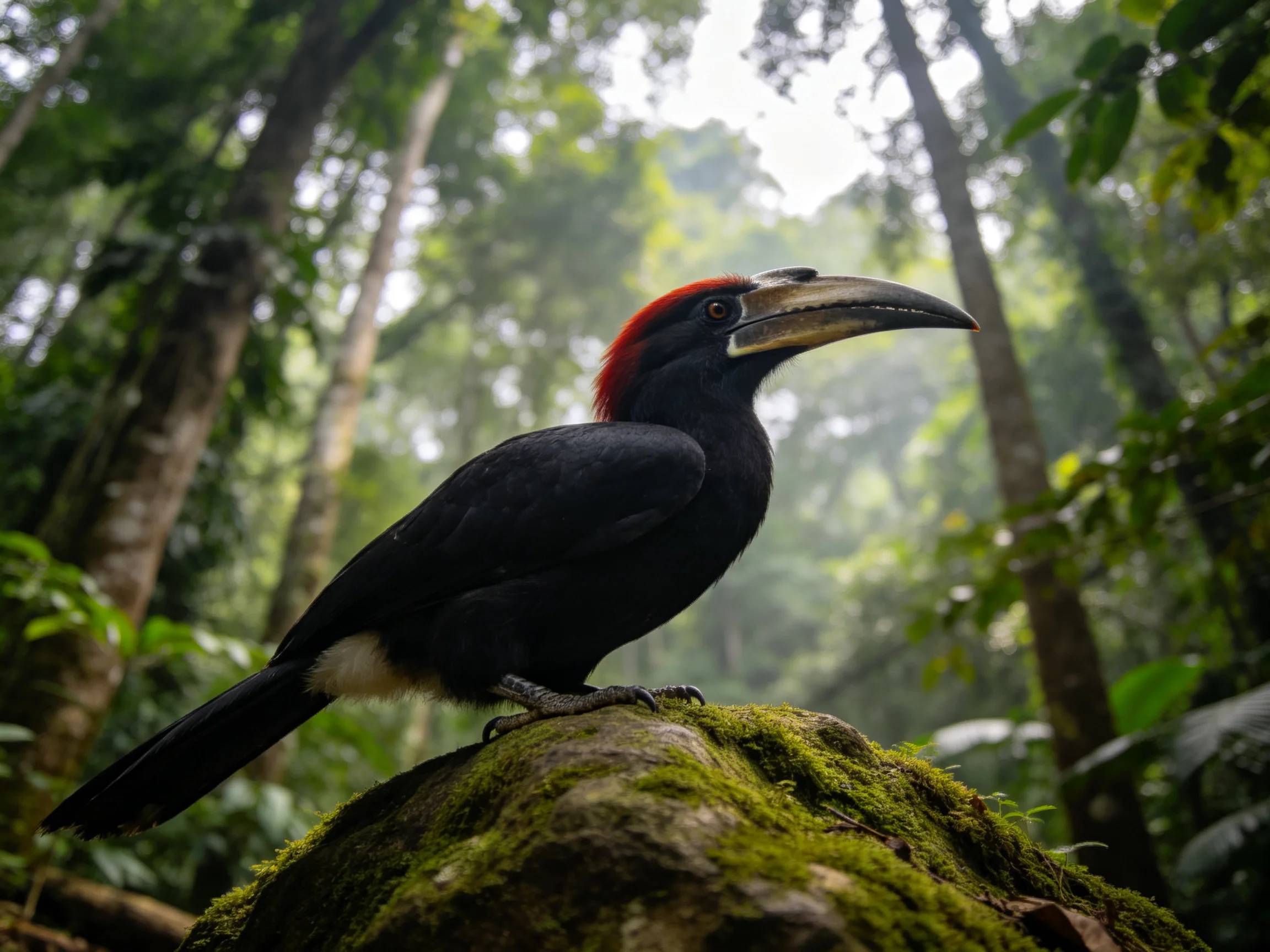 Red-crowned black hornbill perches on mossy rock in dense forest