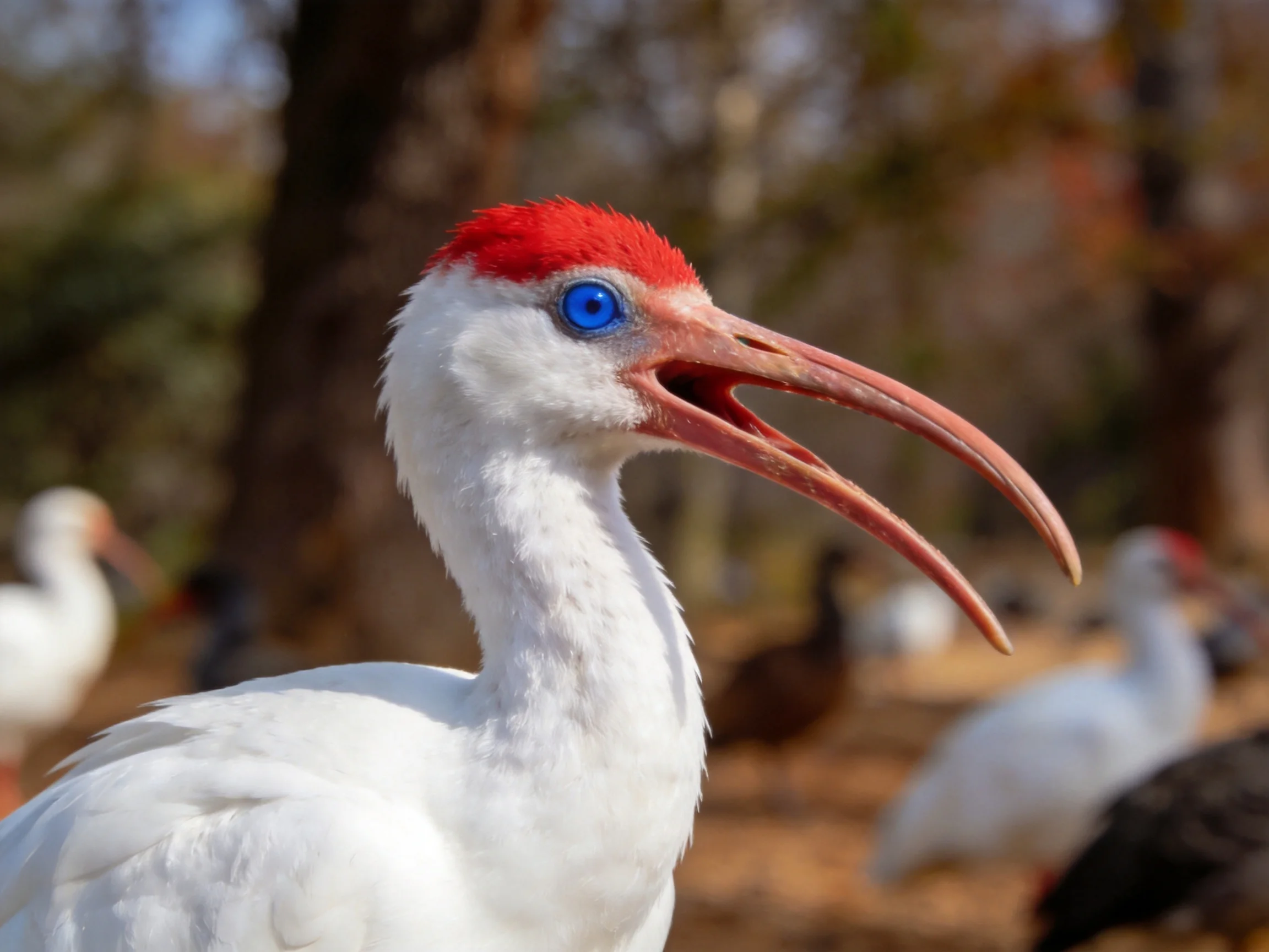 Red-crowned ibis with long pink beak among other birds