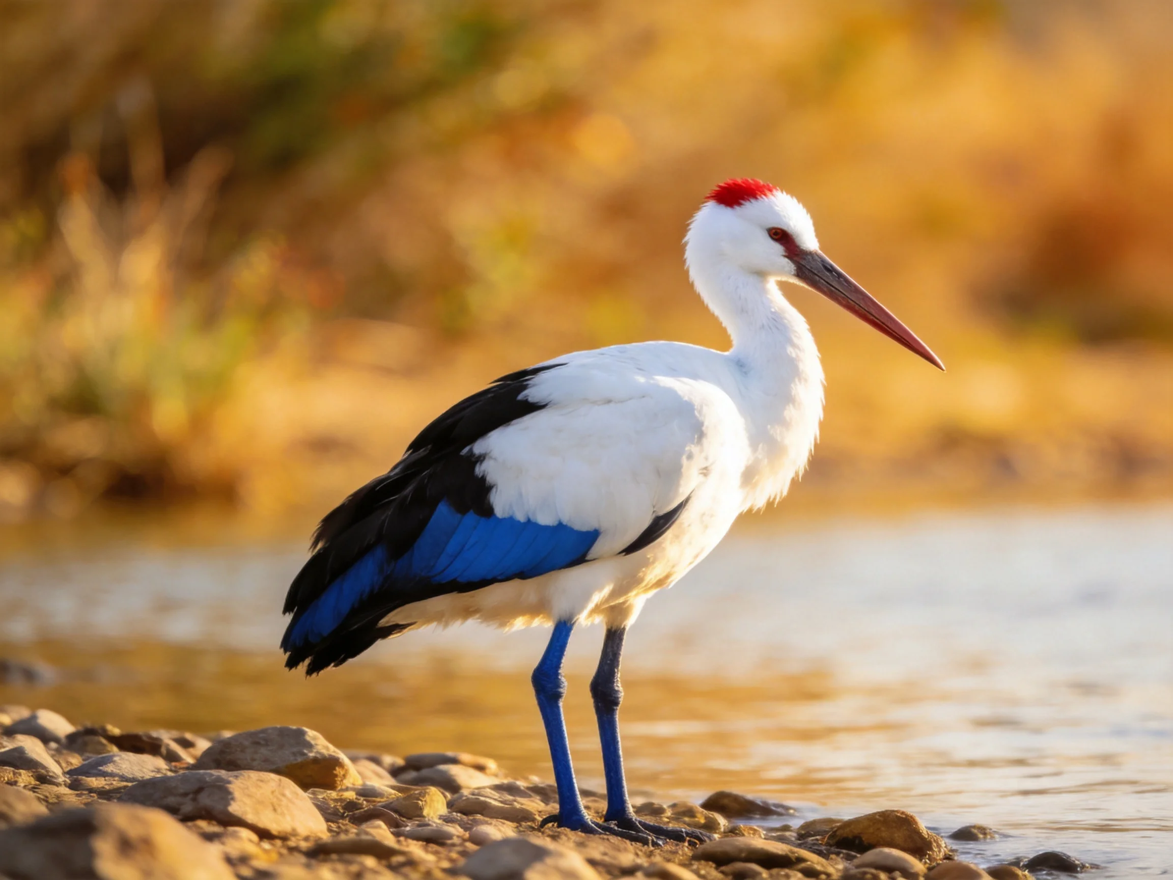 Red-crowned stork with black and blue wings by rocky water