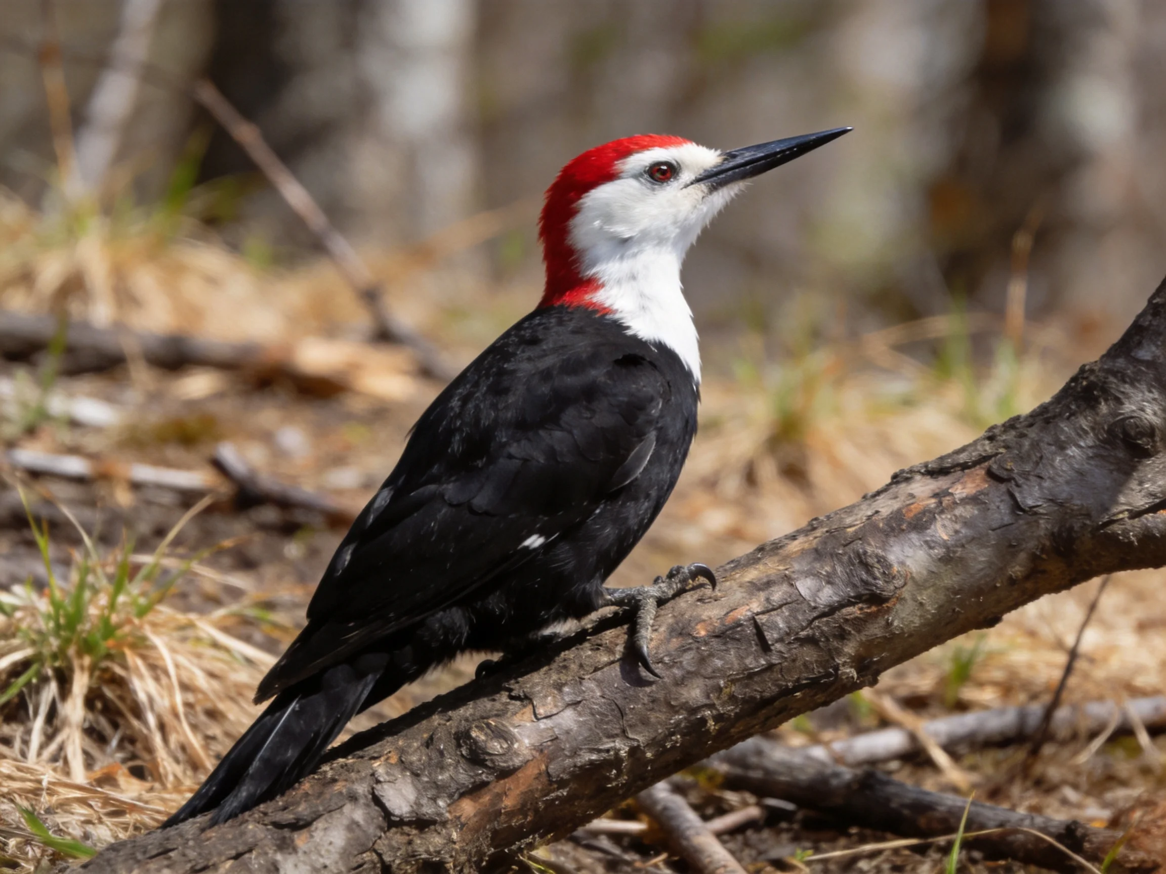 A red-crowned woodpecker with black feathers rests on a tree branch in nature.