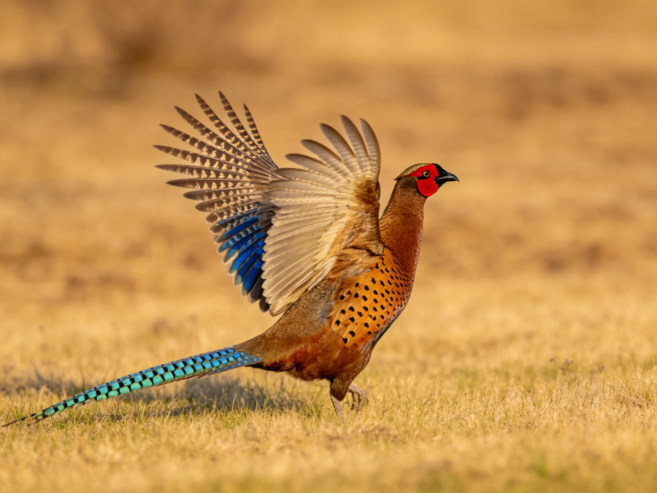 Red-faced pheasant spreads wings, showing blue tail and brown plumage