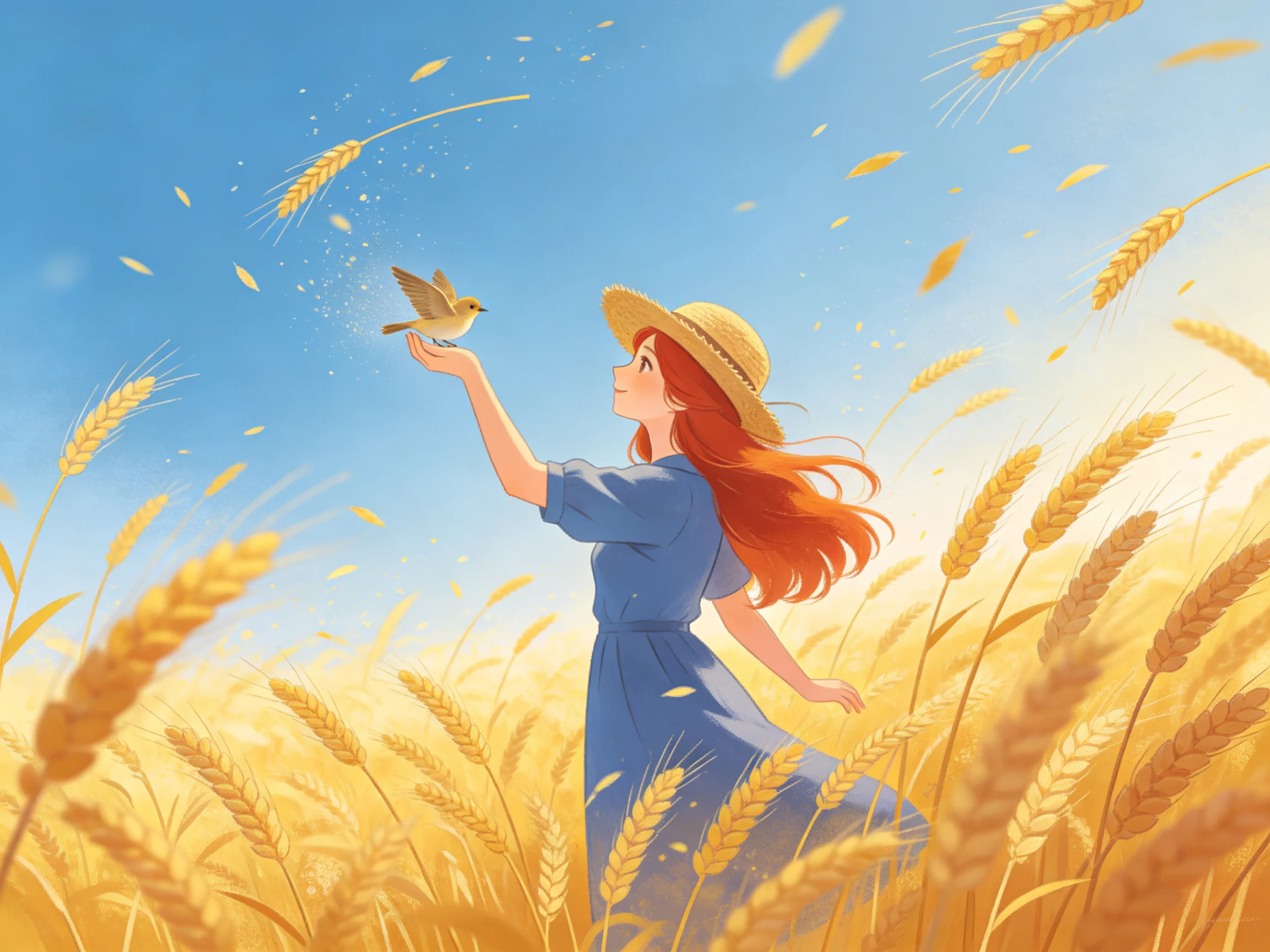Red-haired woman feeding a small bird in golden wheat fields under blue sky