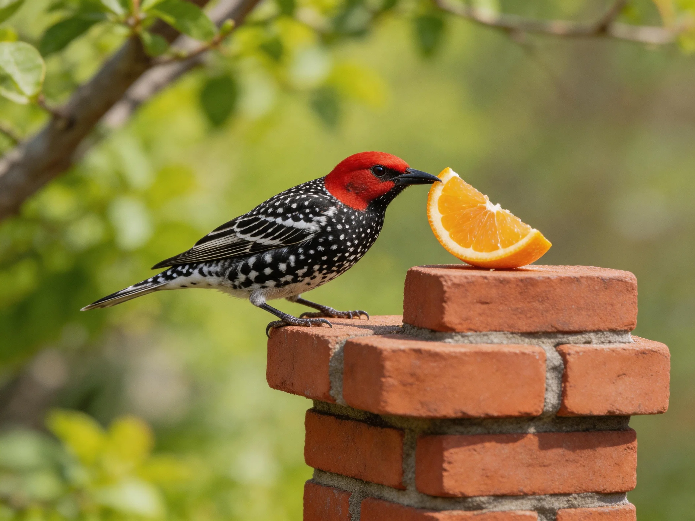 Red-headed bird interacting with orange slice on brick post