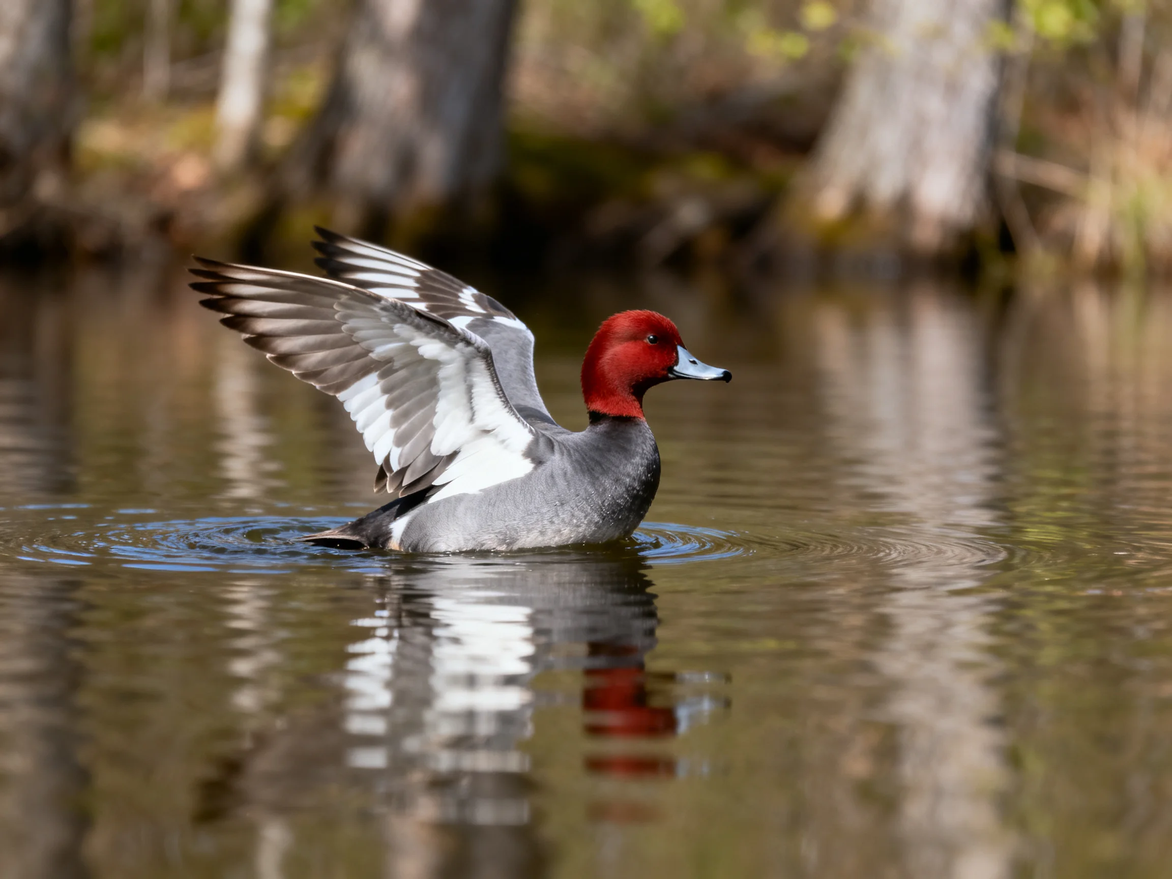 Red-headed duck spreading wings in calm waters by tree trunks