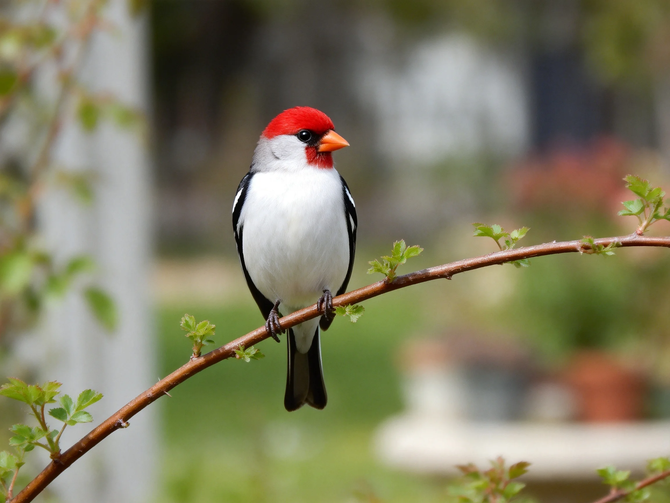 Red-headed finch perched on a budding garden branch