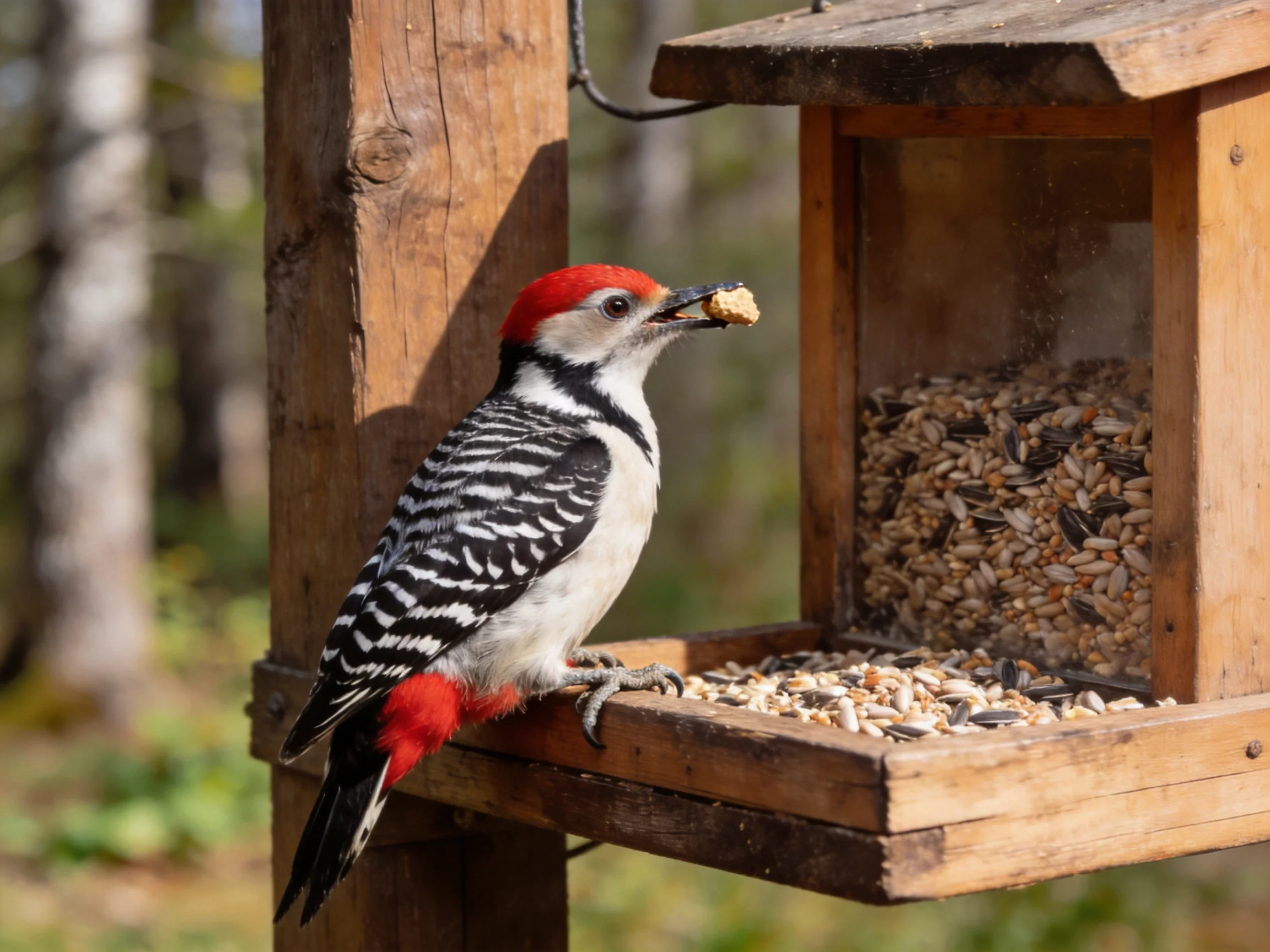 Red-headed woodpecker with black-and-white plumage perches on wooden bird feeder