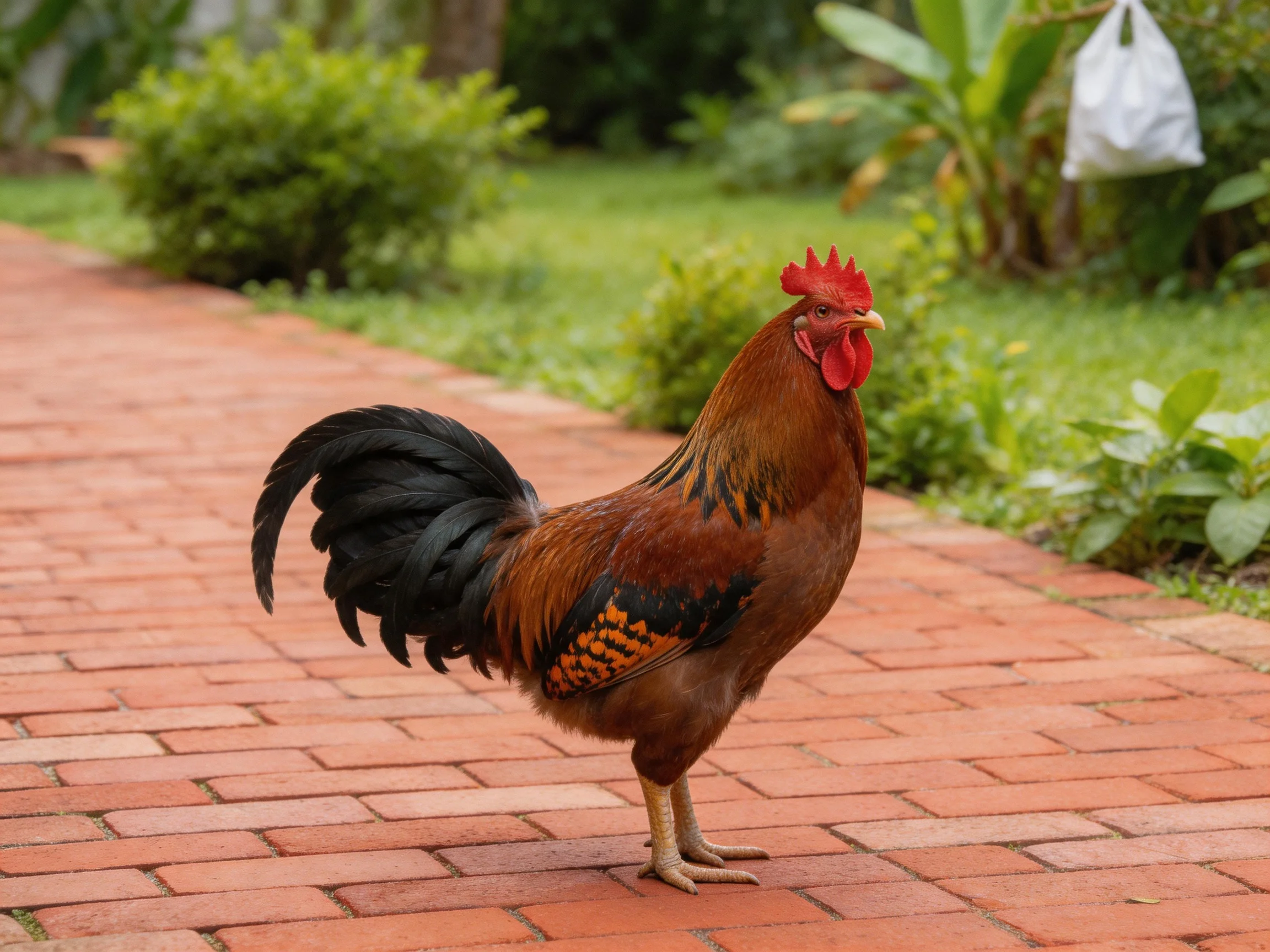 Rooster with red comb, black tail, brown plumage on brick path