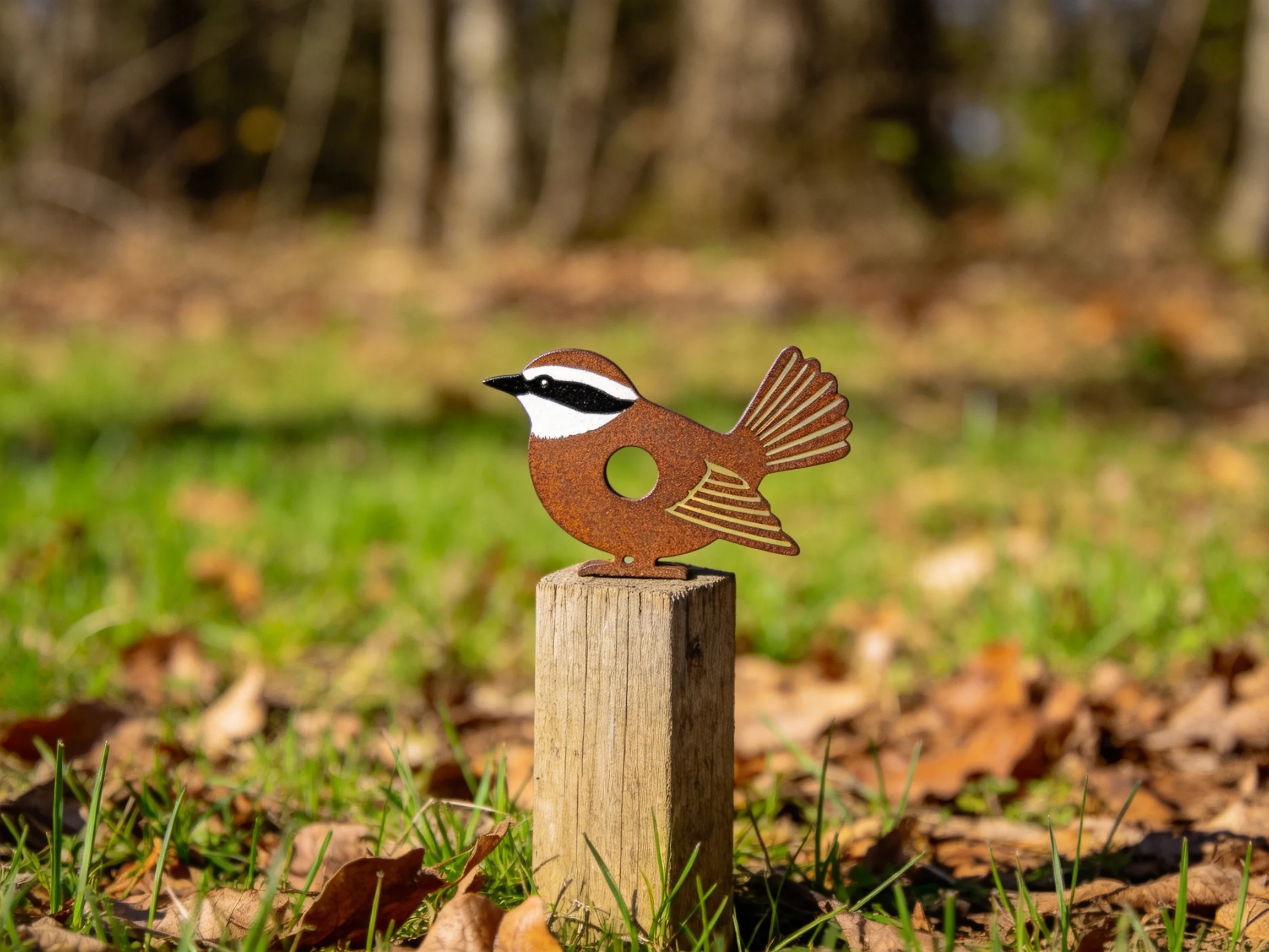 Rust-colored metal bird sculpture on wooden post in autumnal outdoor space
