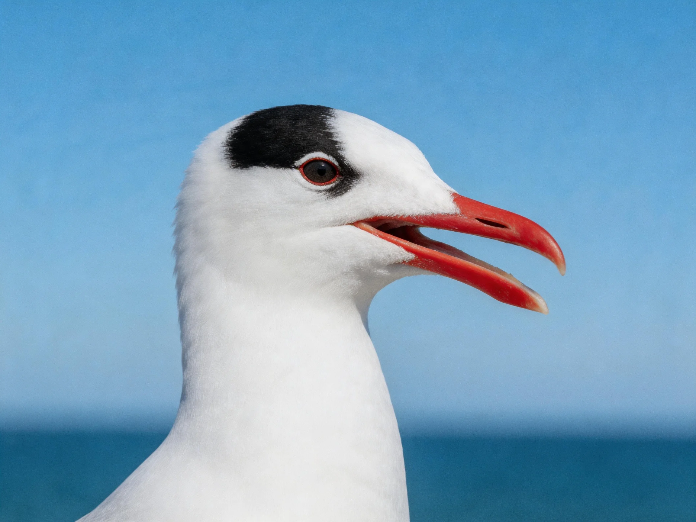 Seabird with black head patch, red beak, near blue sea and sky